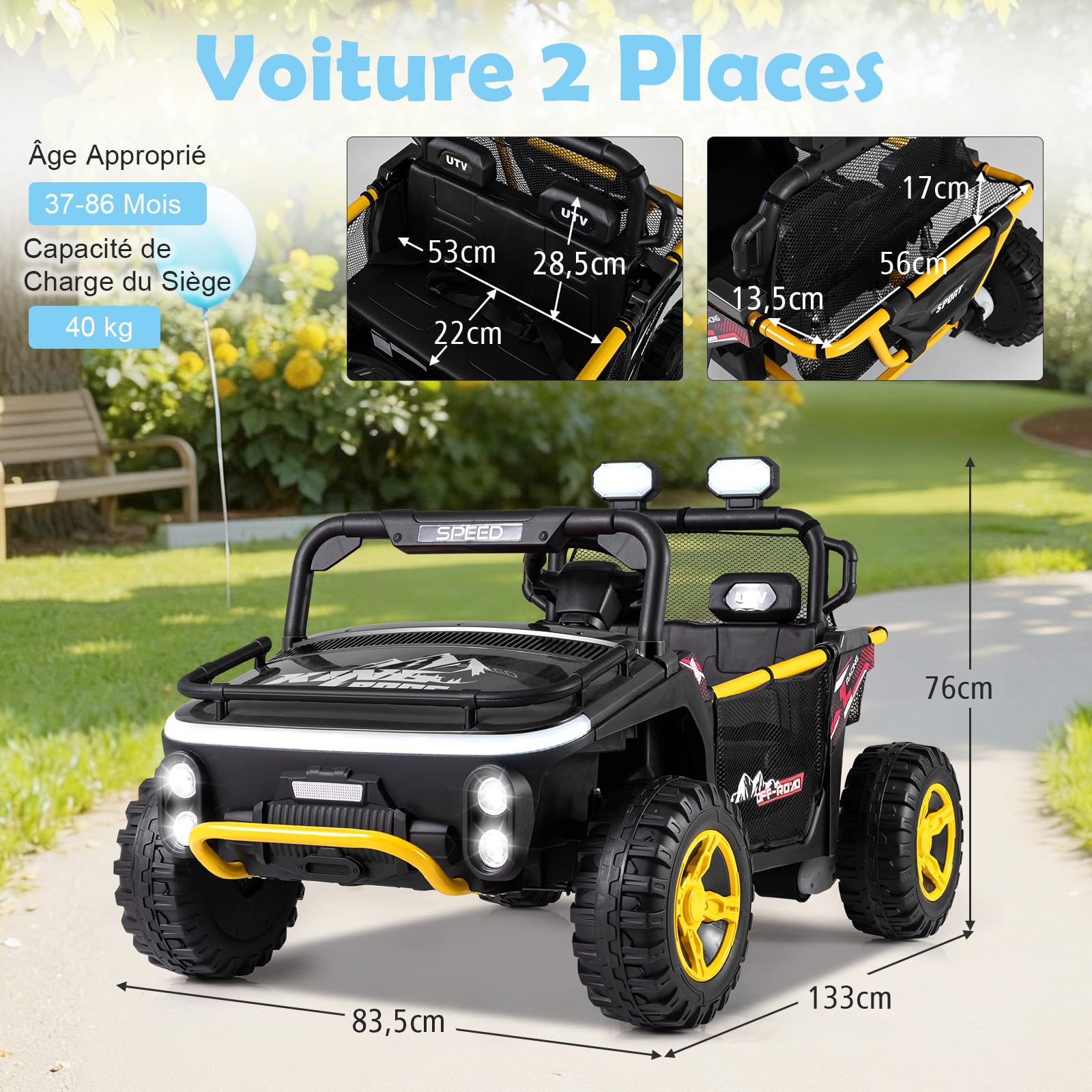 COSTWAY 24V Voiture Électrique Enfant 2 Places avec Télécommande 2,4G, Buggy Électrique Enfant avec Musique Klaxon Lumières LED, Démarrage Progressif, 3,5-6,5 km/h, Charge 40kg pour 3-7 Ans (Noir)