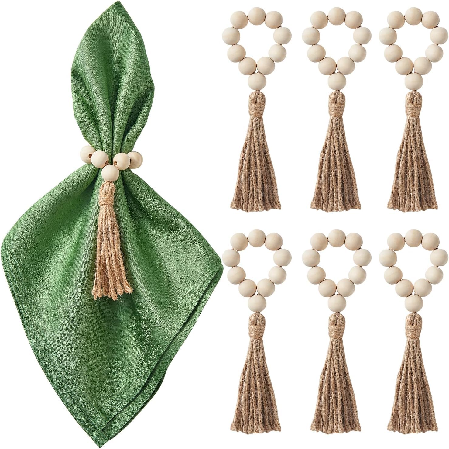 Wooden Bead Napkin Rings Natural Farmhouse Napkin Rings with Small Beads Tassel Table Napkin Holder Rings for Party Pack of 6 (Beads with Elastic Thread)-image-40