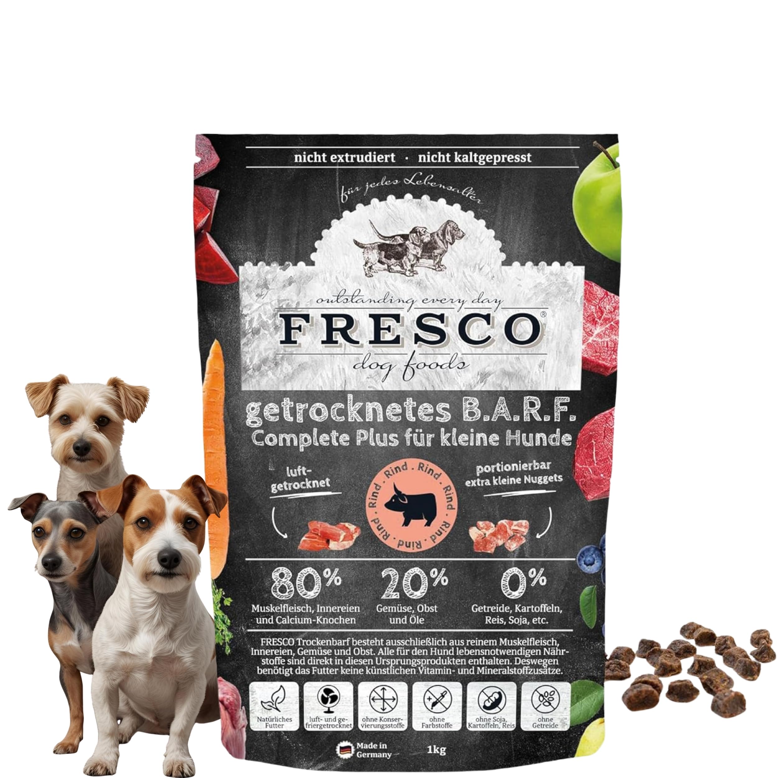 FRESCO Dog TrockenBarf Rind 2,5kg | Für kleine Hunde | Getreidefrei & zuckerfrei | Barf Complete Hund mit 80% Frischfleisch | Hundefutter trocken mit 100% frischen Zutaten