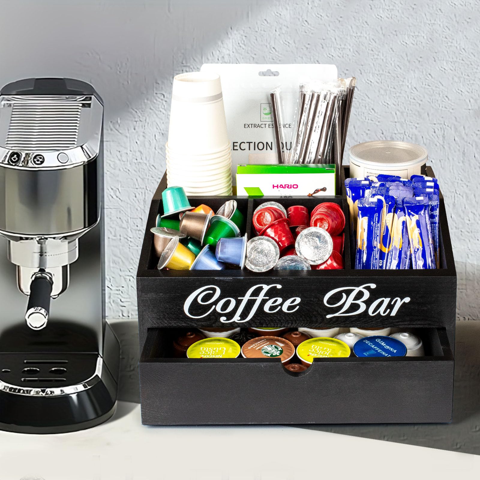 Porta Cialde Caffe Porta Capsule Caffe,Portacialde da Caffè | Porta Tisane in Pineta con 1 Cassetto per Organizzare Capsule, Cialde,Tisane,Zucchero,Cannucce,Bicchierini da Caffè (Nero)