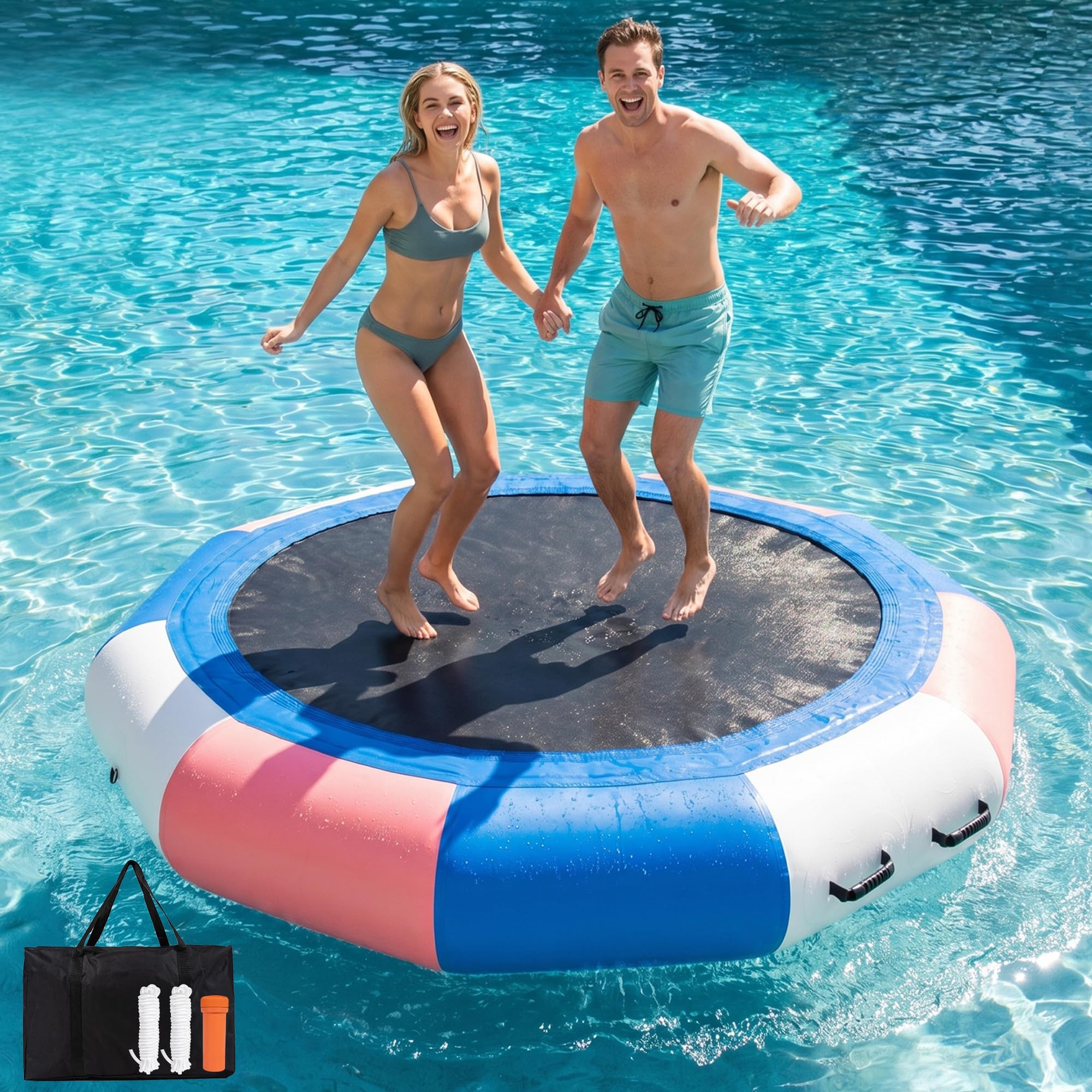 GIRISHIP Inflatable Water Trampoline for Lake, 8FT Floating Lake Trampoline for Adults, Heavy Duty Water Swim Platform for Lake Ocean with Ladder &