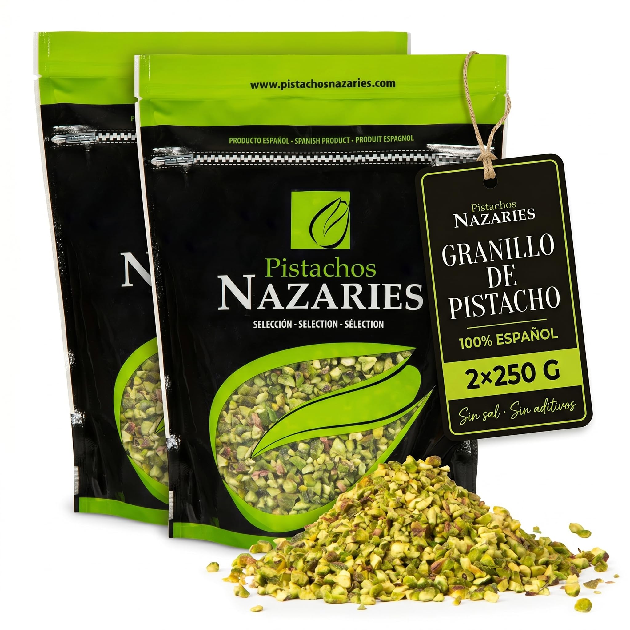 Nazaries Granillo de Pistacho al Natural Sin Sal pack 2x250 g Bolsa Hermetica Sin Gluten Andalucia Troceado Reposteria Helados Tarta Yogur Baklava Decoracion Postres Frutos Secos Picado Crudo Pelado