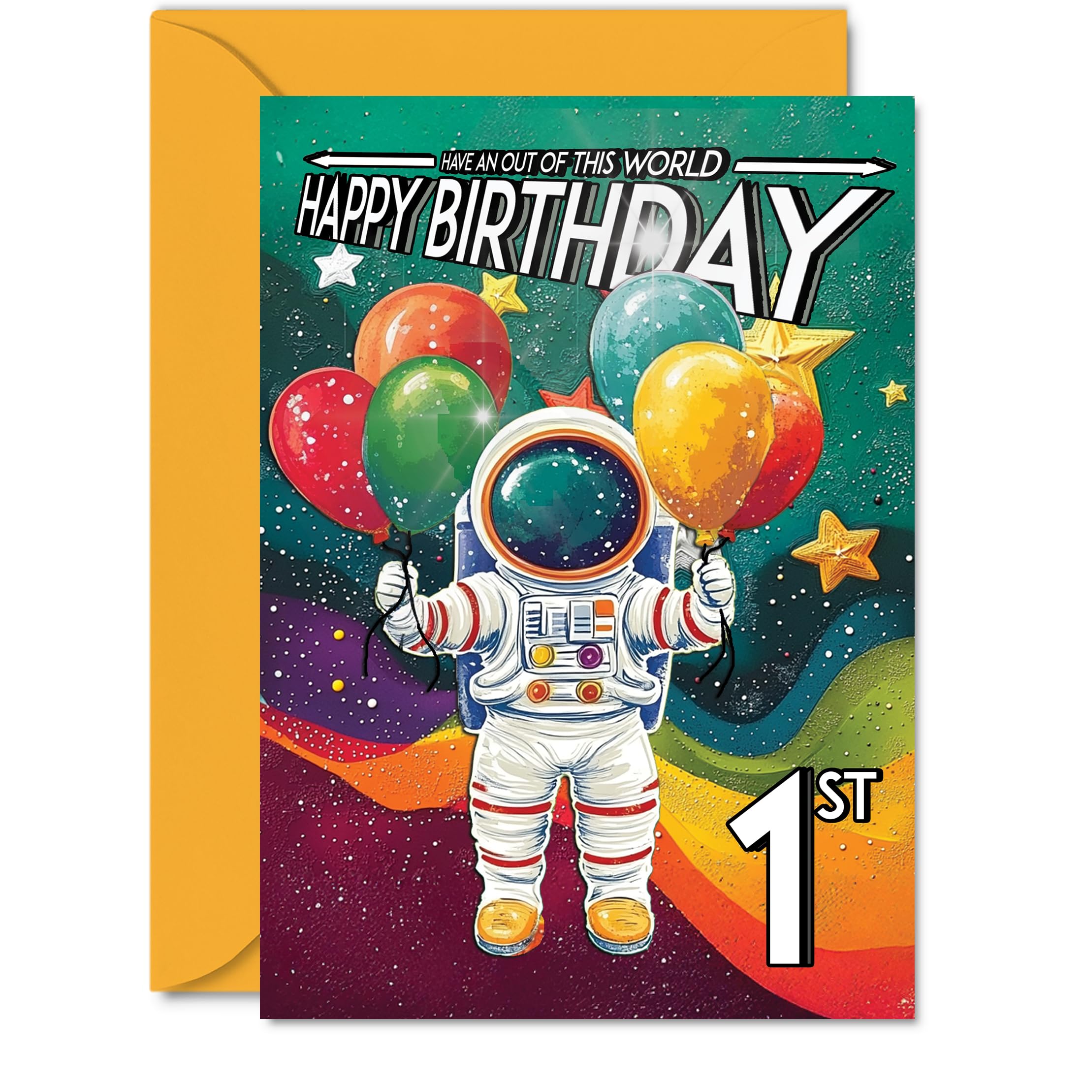 1st Birthday Card Boy - Astronaut Spacesuit - Outer Space Birthday Card for 1 Year Old Girl, Age 1 Boys Girls Cards, A5 Bday Greeting