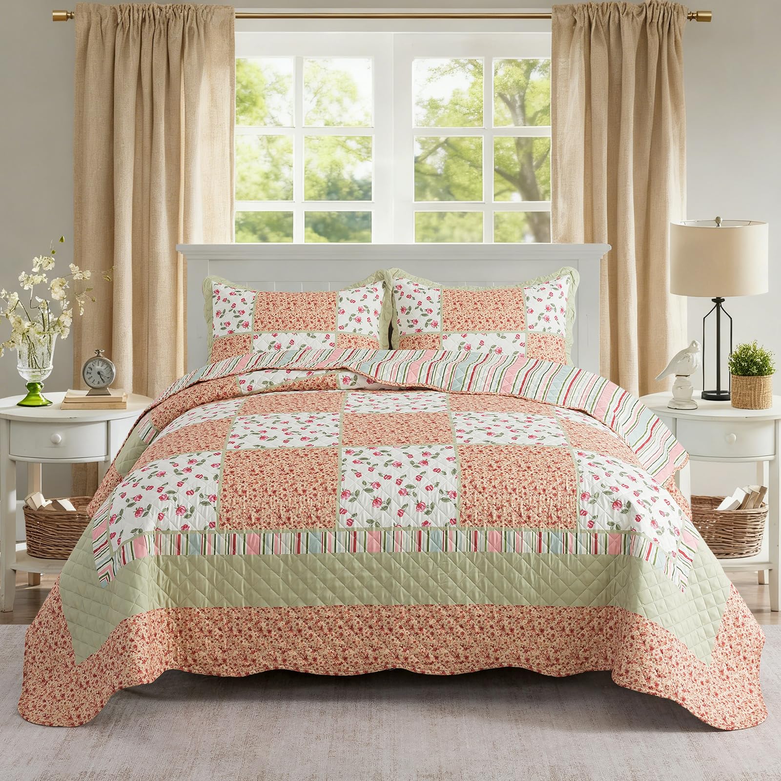 NEWLAKE Quilt Set Queen Size, Bedspread Sets Warm Orange Floral, Reversible Quilt Bedding Set Lightweight and Breathable for All Seasons, Soft Quilted Bedspread with 2 Pillow Shams
