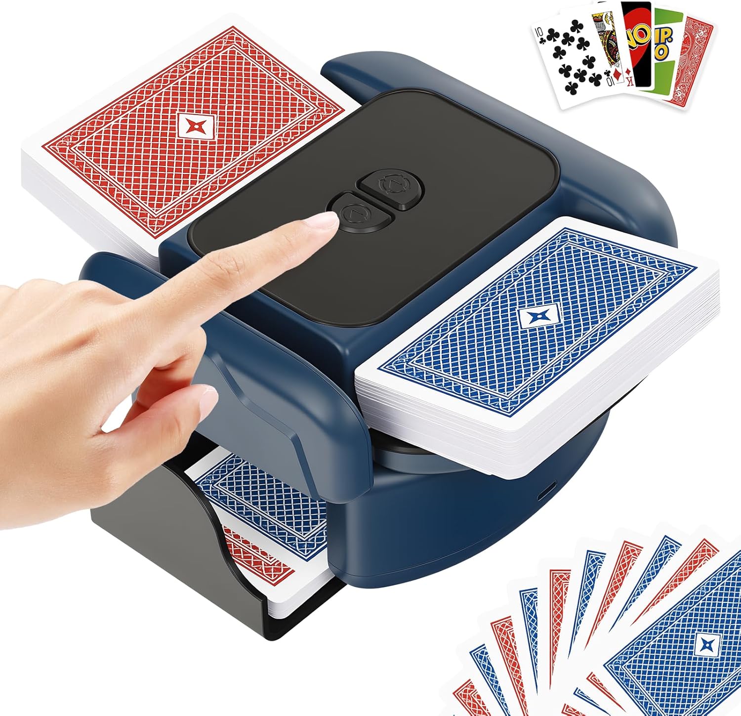bee&flower card shuffler 2600mah rechargeable auto-stop automatic card shuffler low noise fits 1-2 decks compatible with poker, uno, blackjack, phase 10 blue