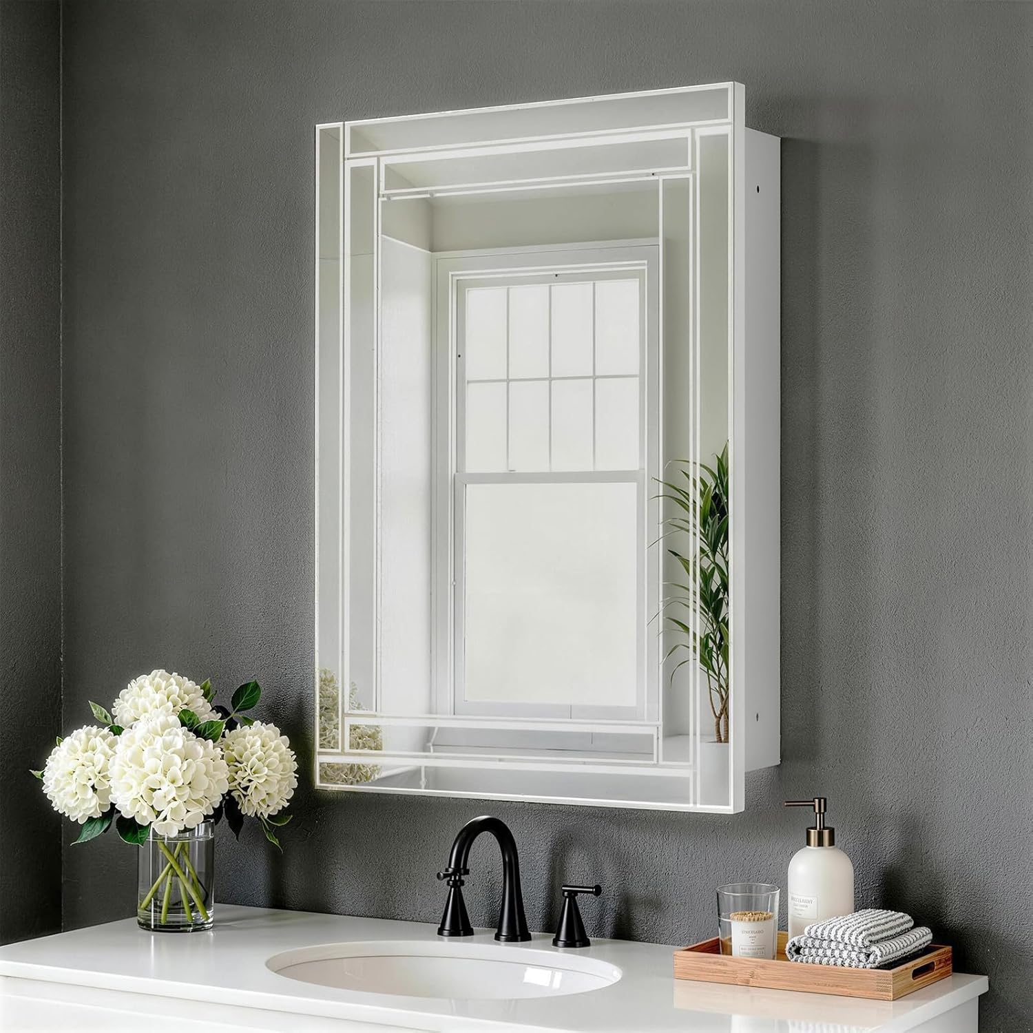 Frameless Bathroom Medicine Cabinet with Beveled Mirror and 3 Tempered Glass Shelves Surface or Recessed Mount Rust-Resistant White Finish Modern Bath Storage 16 x 26 Inch