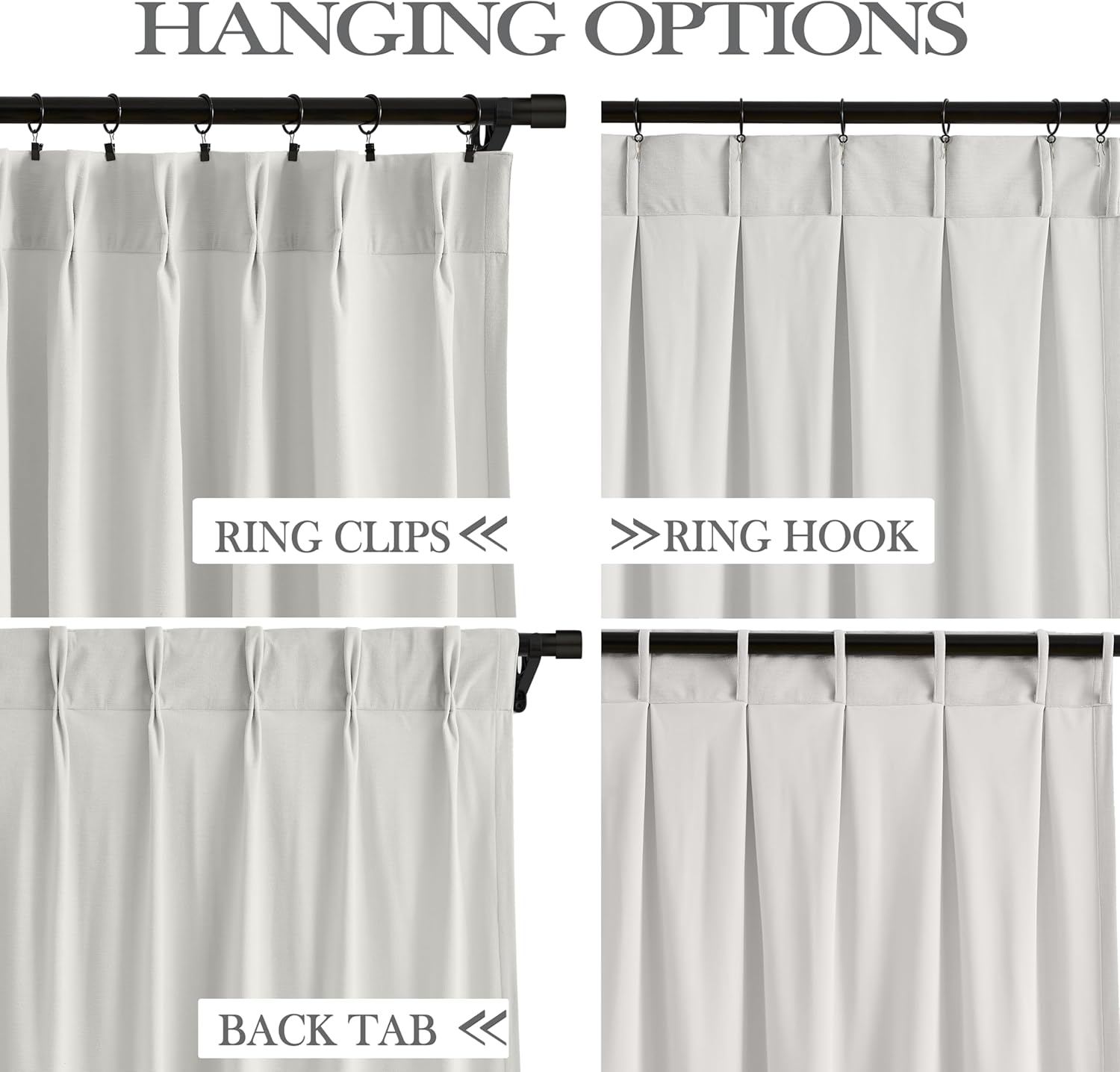 Greyish White Chenille Velvet Pinch Pleated Blackout Curtains Room Darkening Thermal Insualted Window Drapes 108 Inches for Living Room Bedroom Back Tab with Hooks 2 Panels,38"W x 108"L x 2