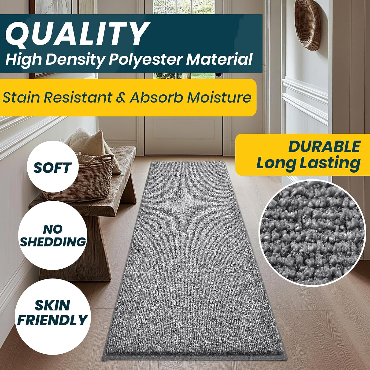 washable kitchen rug 24" x 82" / 60cm x 210cm, non slip kitchen mat for floor, absorbent indoor entryway runner rug for hallway, laundry, bathroom, bedroom (roll packing) 24" x 82" (rectangular) grey