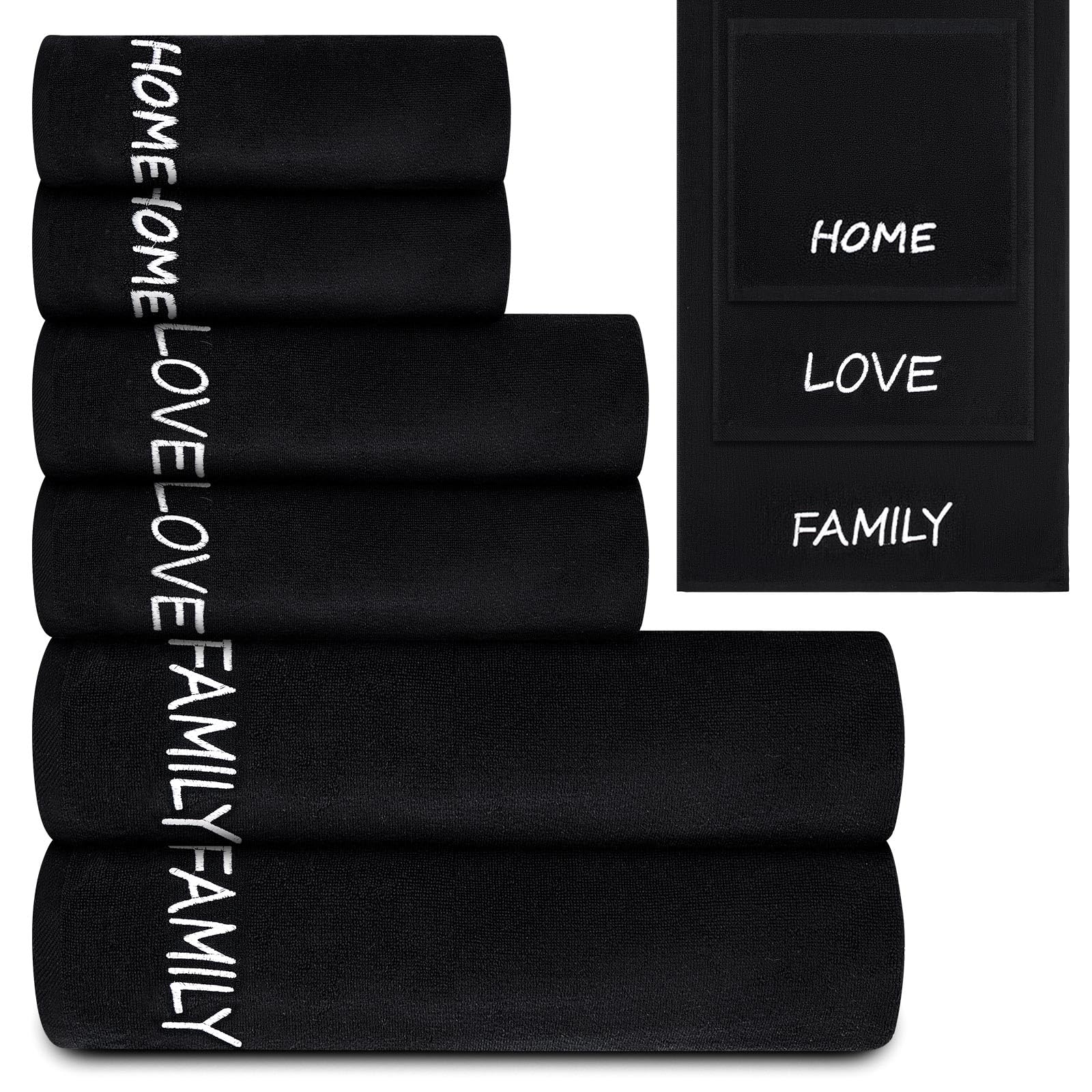 Peryiter 6 Pack Cotton Black Farmhouse Decorative Bath Towels Set Soft and Absorbent Contains 2 Bath Cloth 2