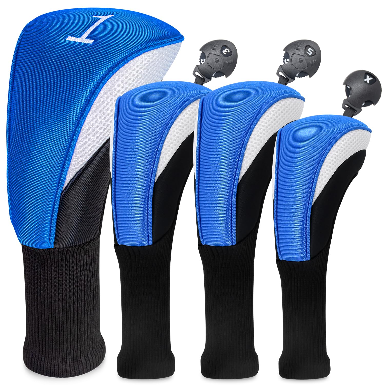 Golf Club Head Covers for Fairway Woods Driver Hybrids 3/4/5 Pieces Long Neck Mesh Sports Fan Golf Club Headcovers Set with Interchangeable No. Tags 3 4 5 6 7 X Golf Accessories for Men Women.