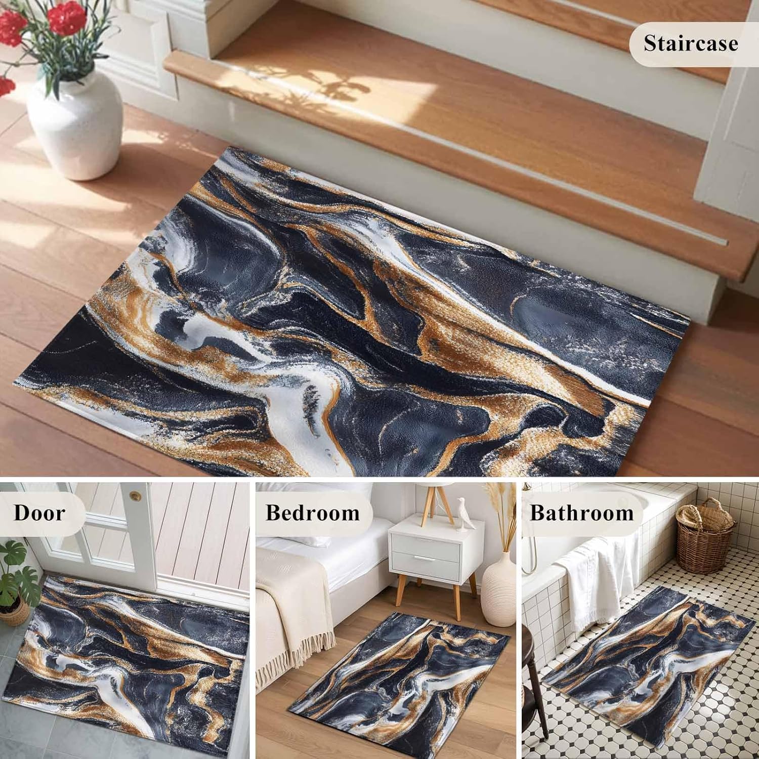 Navy Blue Brown Marble Entryway Rug 2x3 Area Rug Washable Indoor Doormat Small Bathroom Rugs Non-Slip Low Pile Accent Throw Rugs Minimalist Abstract Art Floor Carpet for Kitchen Bedroom Entrance