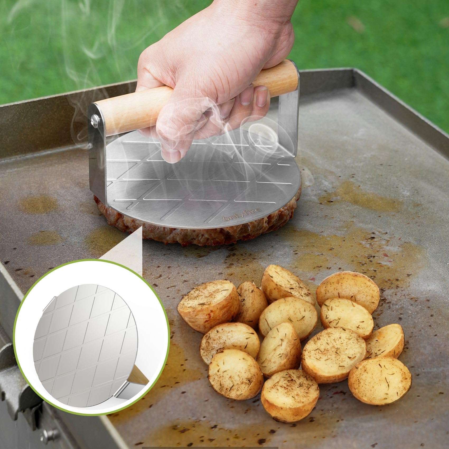 Kit de accesorios para plancha, 4 piezas, cúpula de fusión de quesos y kit de prensa de hamburguesas, cubierta de hilvanado de 6 pulgadas con triturador de hamburguesas y espátula para 5