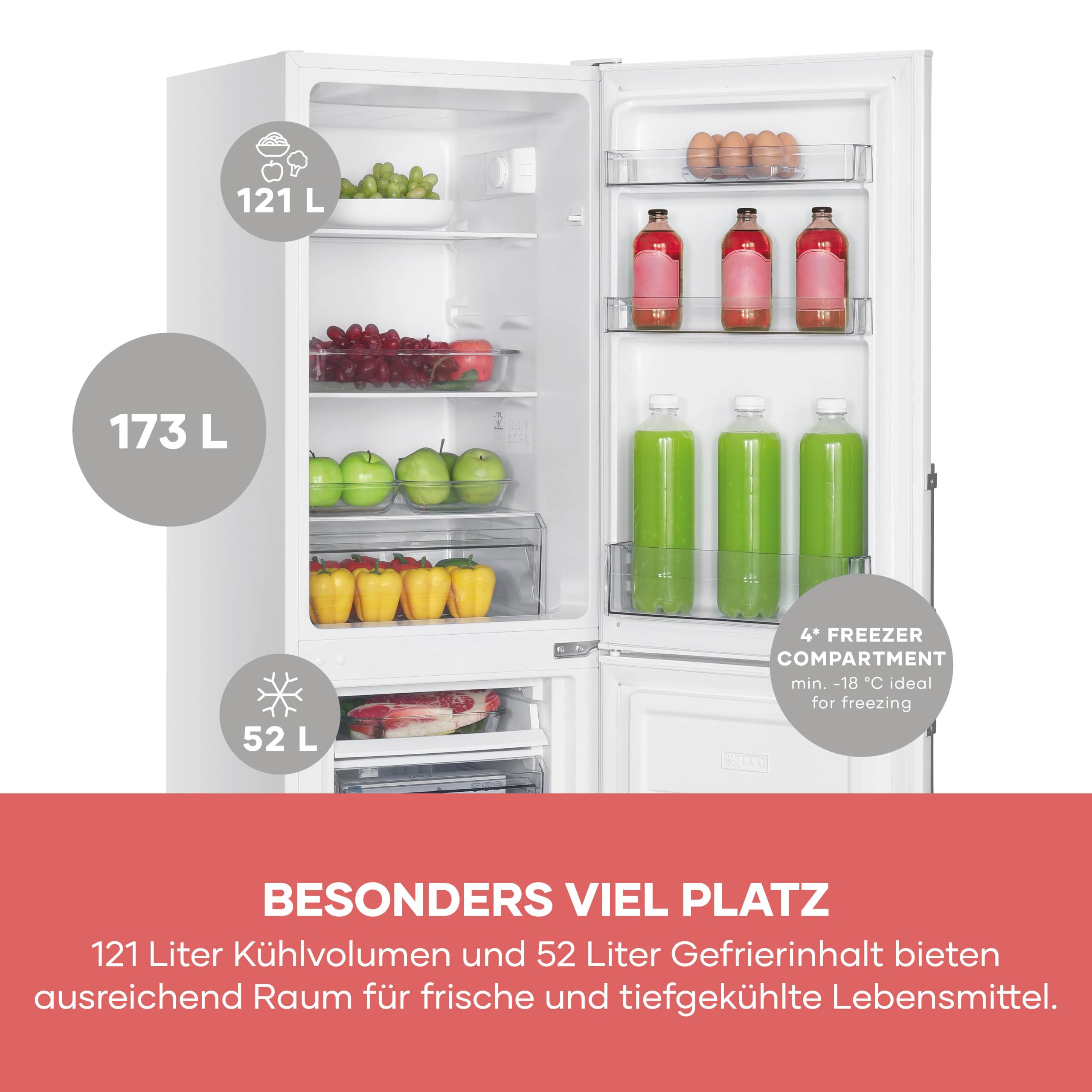 SEVERIN Kühl-Gefrierkombination, Energieeffizienzklasse C, Kühlen 121L, Gefrieren 52L, LED Beleuchtung, 142,5 cm Höhe, 4-Sterne-Gefrierfach, verstellbare Ablagefläche, 124 kWh, weiß/Metall, DT 8770
