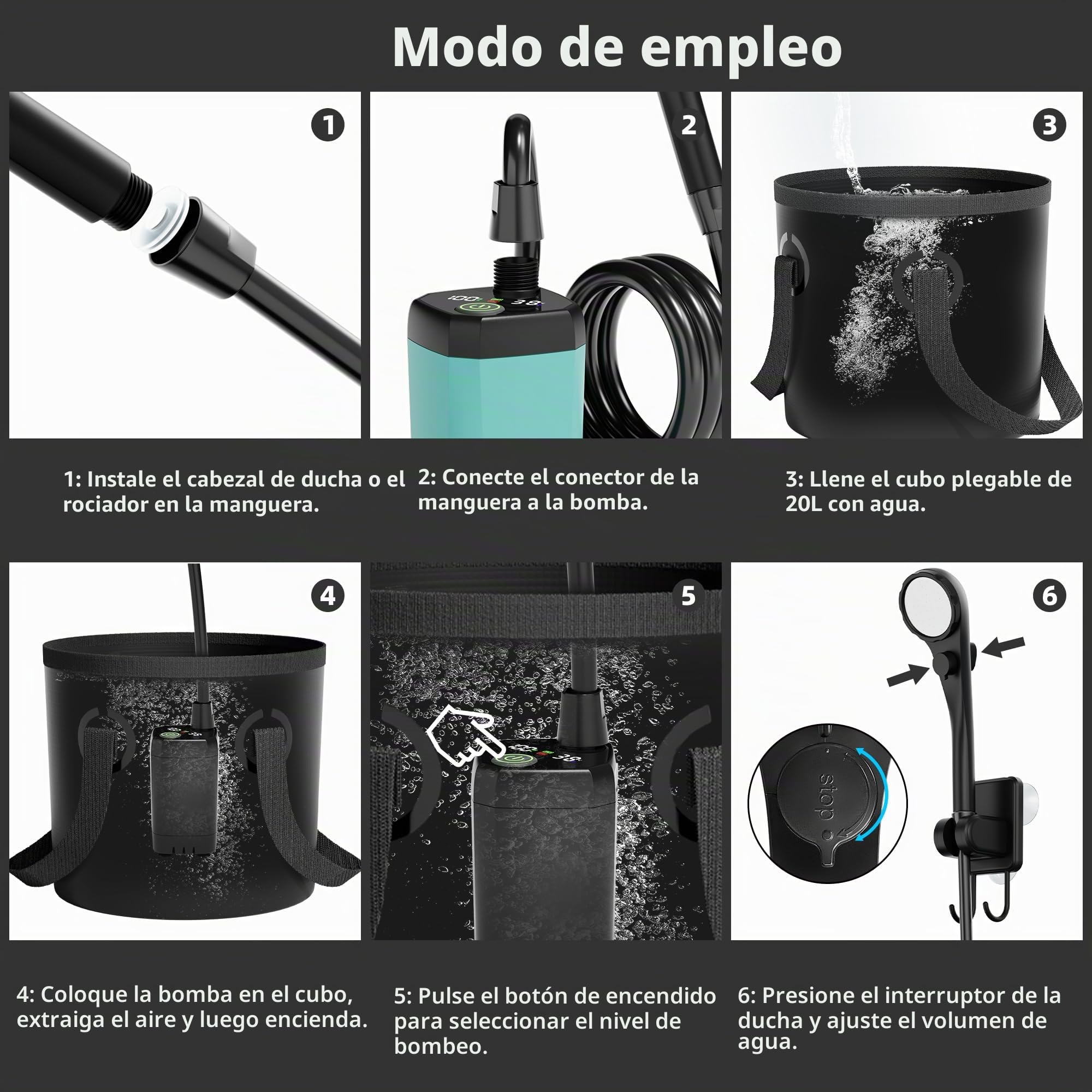 Mytrix 2024 - Juego completo de ducha portátil para camping, bomba de succión de energía recargable de 6000 mAh con pantalla inteligente, cabezal de pulverización multimodo y depósito plegable de agua