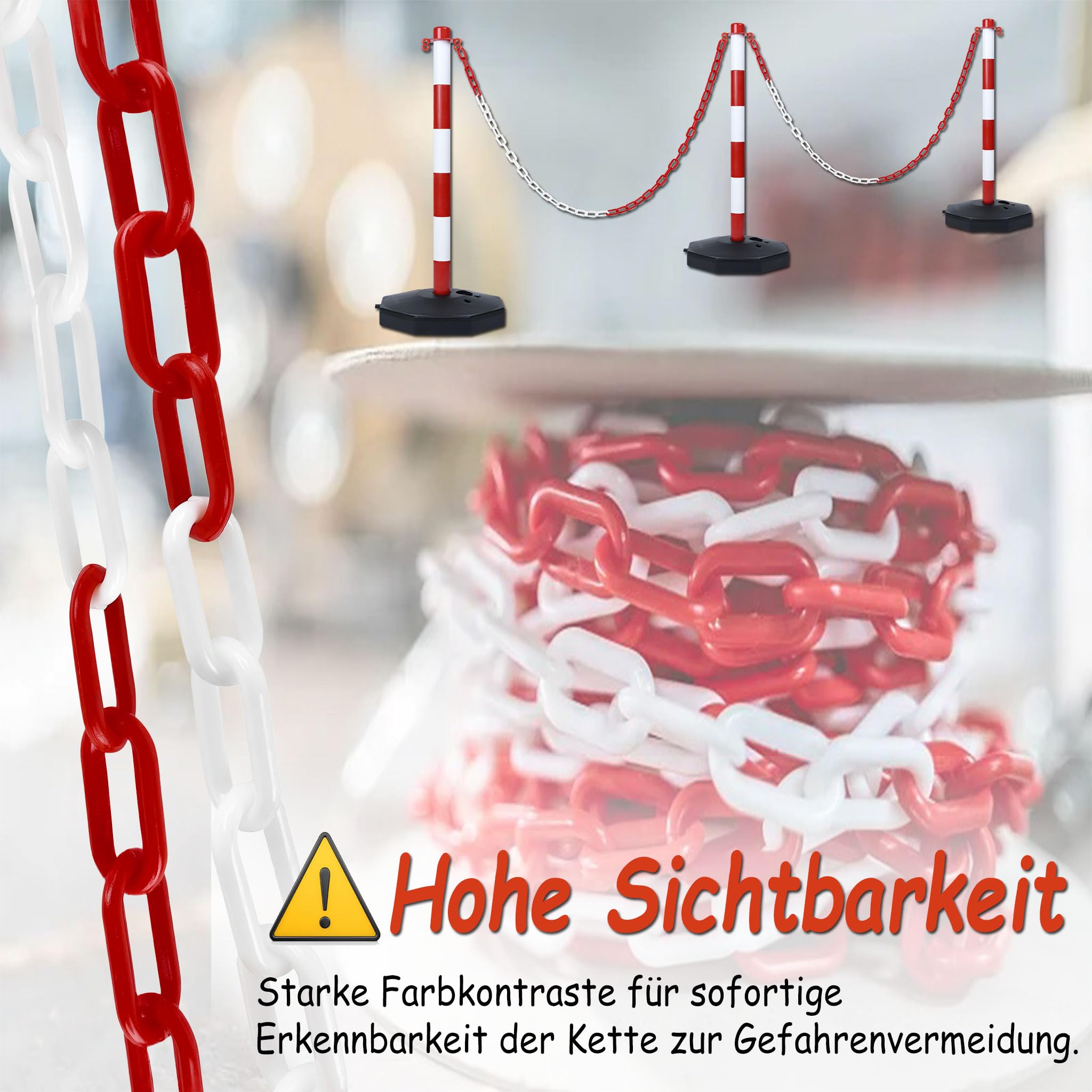 YRHome Chaîne en plastique rouge et blanc 50 m - Chaîne de signalisation en métal - 6 mm d'épaisseur - Chaîne en acier rond - Chaîne de sécurité pour chantier