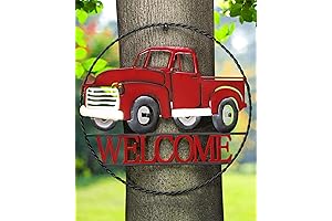 Glitzhome Metal Red Truck Decor: Rustic Welcome Sign for Home and Outdoor Decor