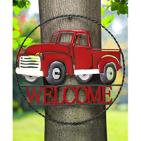 Glitzhome Metal Red Truck Decor: Rustic Welcome Sign for Home and Outdoor Decor