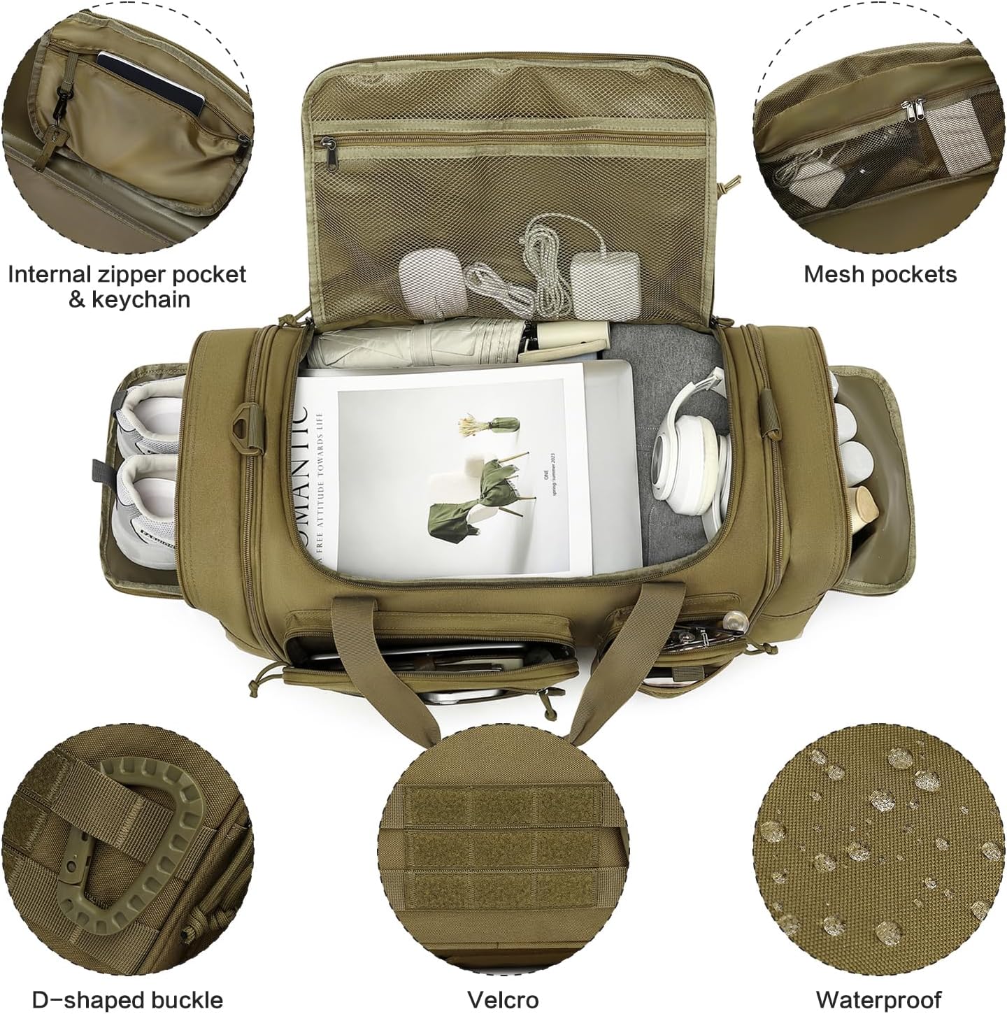 3 in 1 Tactical Gym Bag Backpack for Men 40-45L Expandable Travel Duffle Bag for Women Military Sport Duffel Bags Weekend Overnight with Shoe Compartment & Wet Pocket for Fitness, Brown - Image 6