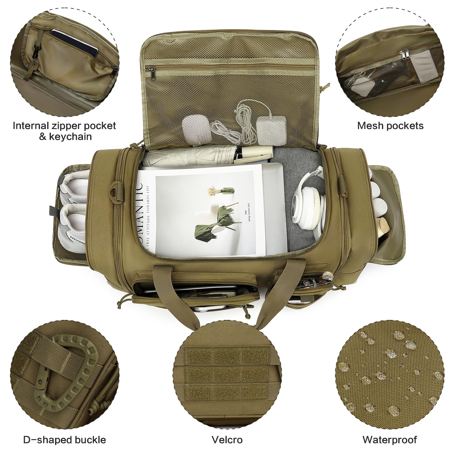 Męska taktyczna torba sportowa 50-55 l, rozciągliwa, duża torba fitness 3 w 1, wojskowa torba podróżna, br?zowy, L, podróże, kemping, sport, siłownia, trening, boks, turystyka piesza