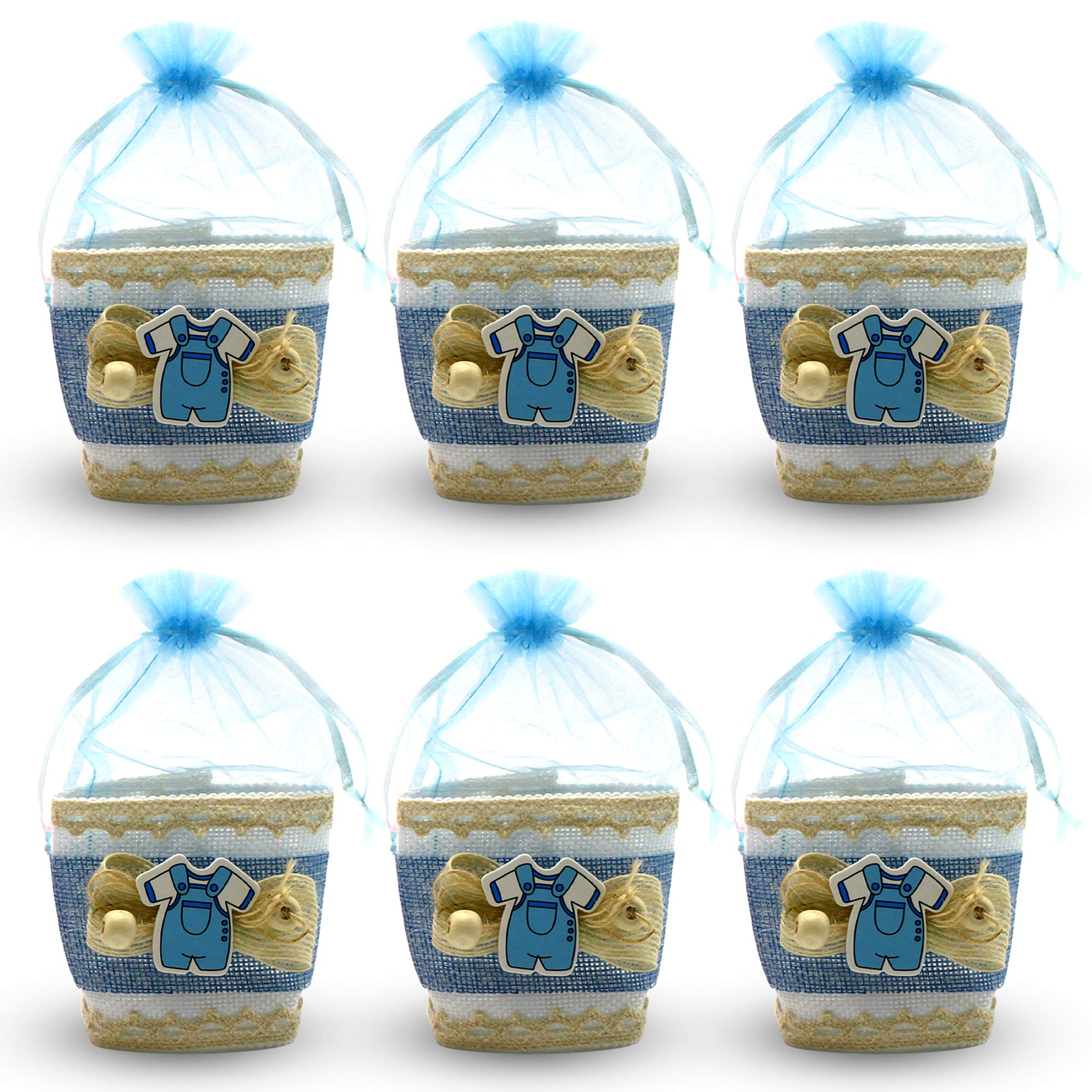 Mini Baskets: Baby Boy Shower Favors for Candy, Prizes, and Gifts - Blue Party Favor Boxes with Sheer Drawstring Bags - 6 Pack - Baby Clothing