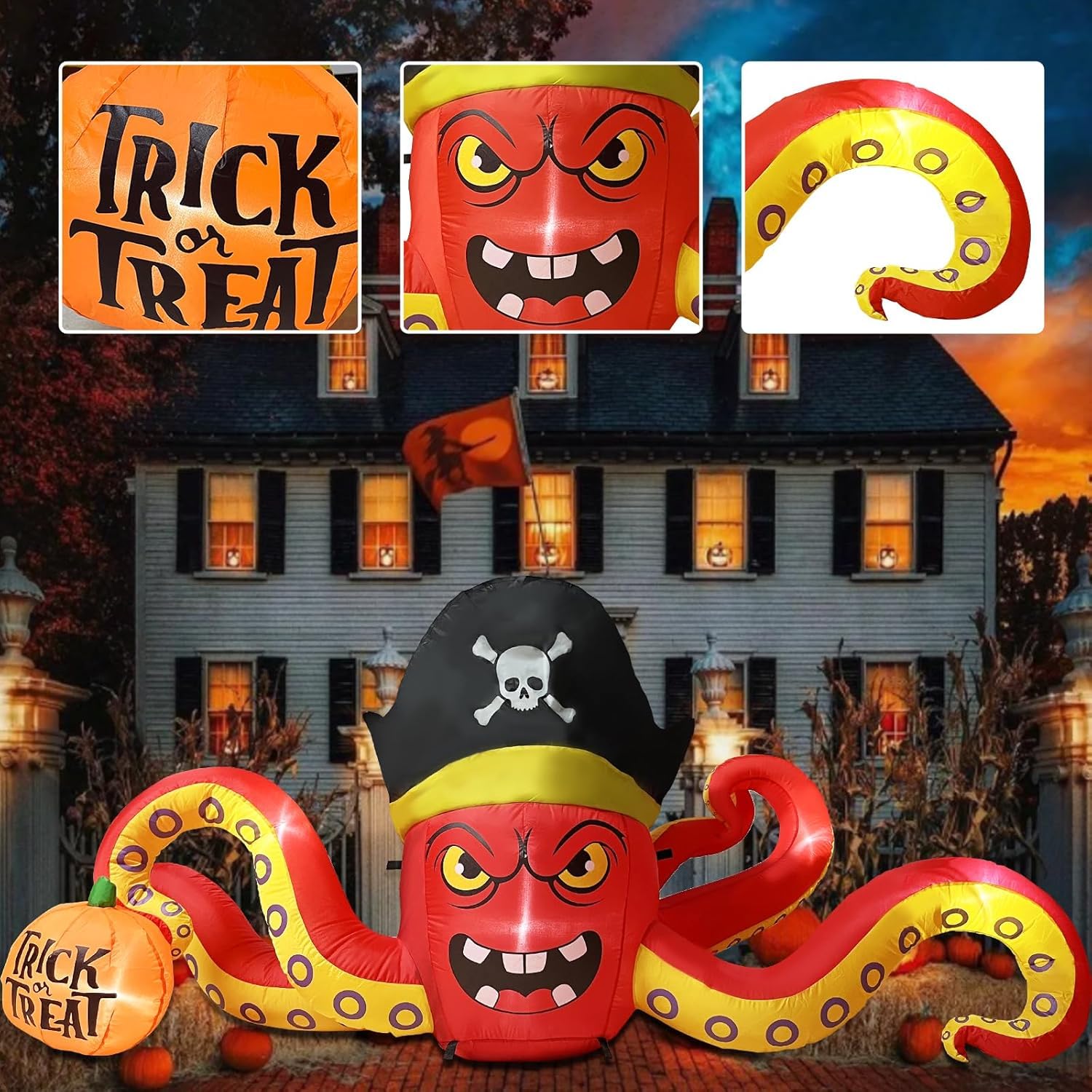 ZXSWONLY 2,3 m großer aufblasbarer Piratenoktopus für Halloween, Grusel-Oktopus mit Kürbis, aufblasbare Halloween-Dekoration mit integrierten LEDs für Garten, Terrasse und Halloween-Party