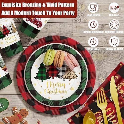 Miniatura 3 de Suministros de decoración de fiesta de Navidad – Juego de vajilla desechable de Navidad de 175 piezas (25 invitados) con platos de papel de búfalo a