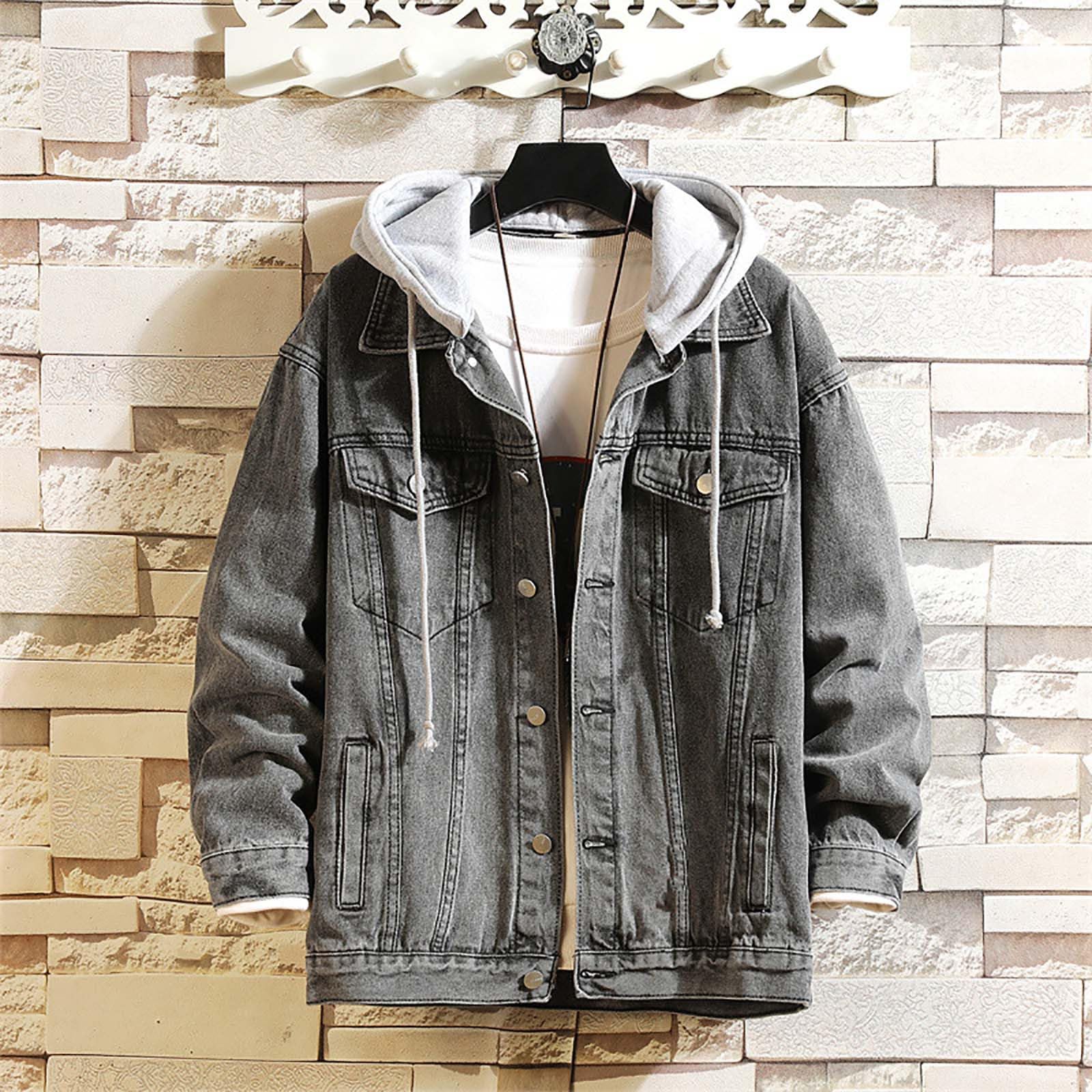 Giacca Uomo Denim con Cappuccio Regolabile Fibbia Chiusura per Casual Primavera Autunno