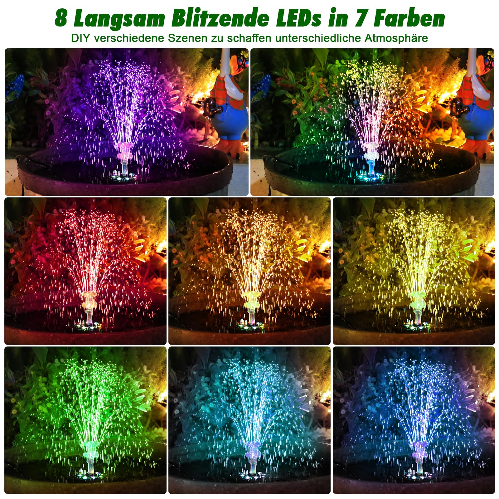 10W LED Fontana Solare per esterni, Pompa Solare per Laghetto fai da | Fontana Solare con Telecomando, pali e Batteria, 21 Effetti, Pompa Solare per Giardino, Abbeveratoio per Uccelli