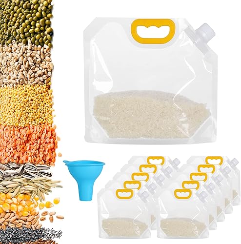 Bolsa sellada a prueba de humedad de grano de 1.5 L, 10 bolsas de succión reutilizables para almacenamiento de granos transparentes con embudo,