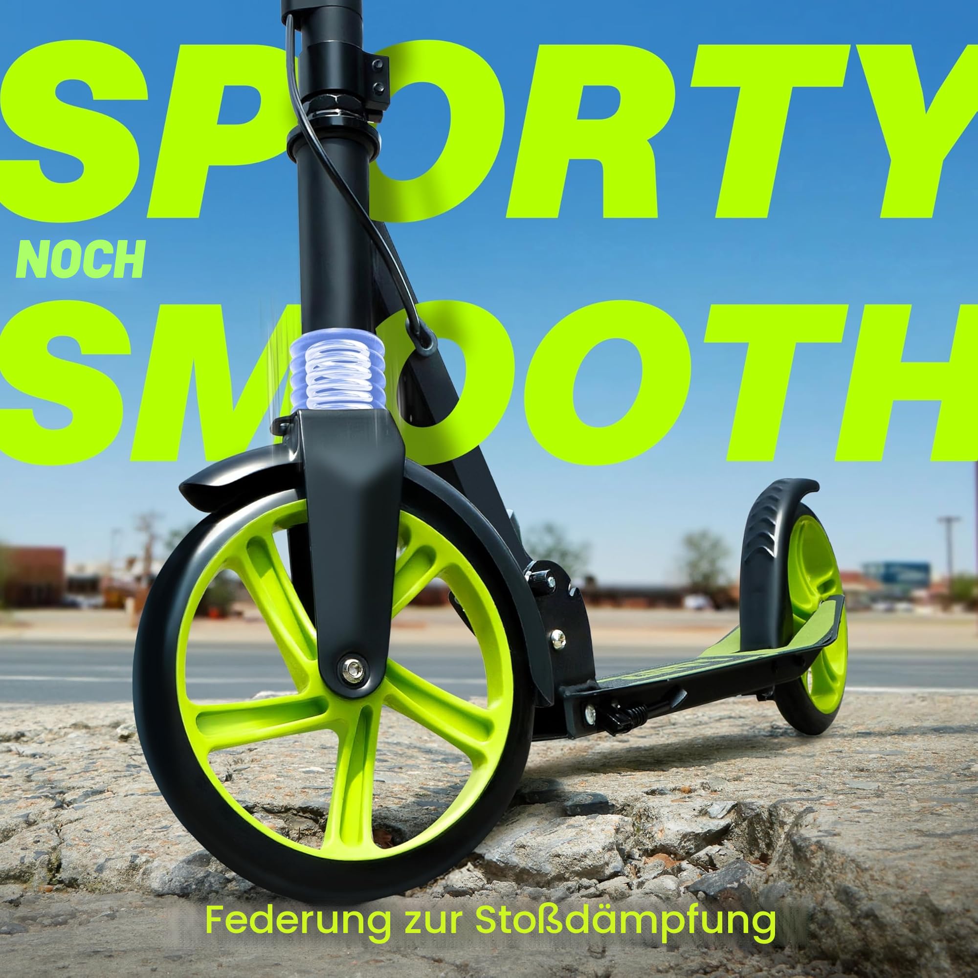 ZIFFY Tretroller Scooter 6–12 Jahre, Schwarz/Grün/Violett, 200mm Räder, ABEC-9, Federung, Faltbarer Aluminiumrahmen, Lenker 79–106 cm, Handbremse, Tragkraft bis 118 kg, Für Kinder & Erwachsene