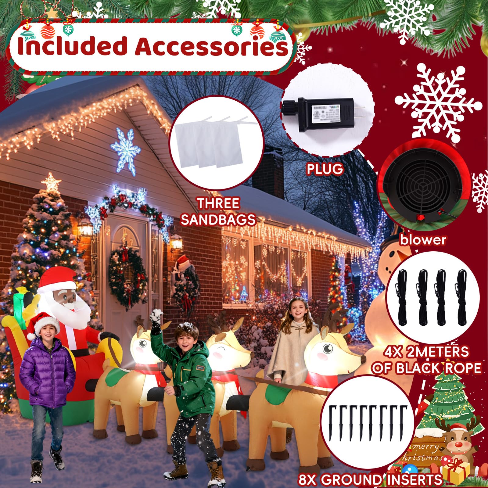 Sanlu Traîneau de Père Noël gonflable d'extérieur avec lumières LED pour décoration de fête de Noël, décoration de jardin d'hiver, 3,7 m