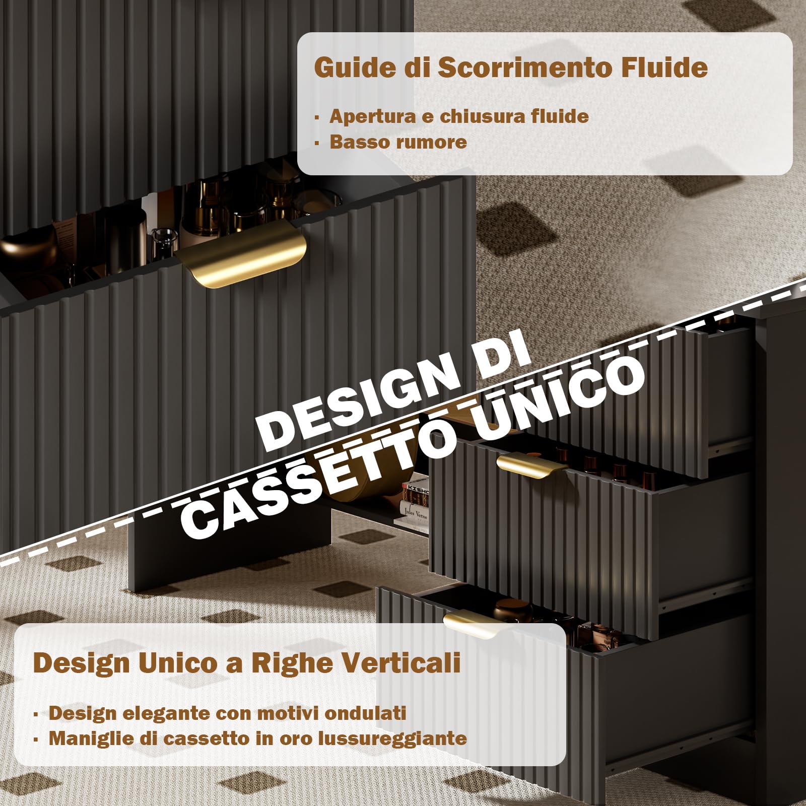 TRIUMPHKEY Toeletta Trucco con Specchio e Luci,Tavolo da Toilette con Cassetti, Postazione Trucco con Ripiani Aperti, Ganci per Gioielli e Presa Elettrica per Camera da Letto,Moderno (Nero)