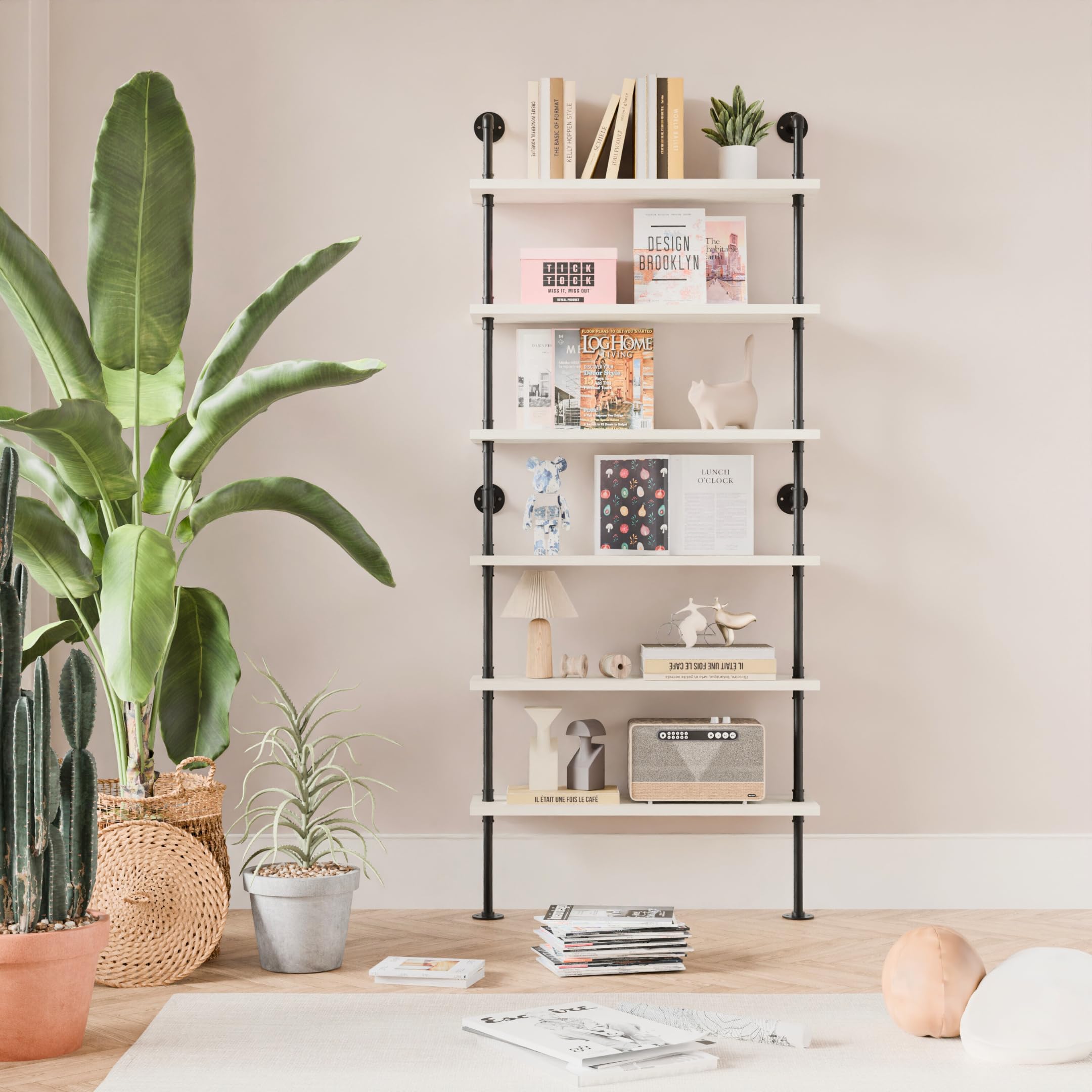 Anynice 6 Tier Industrial Ladder Shelf Bookcase, Wall Mounted Rustic Bookshelf for Living Room Decor and Storage (White, 6 Tier - 10" D x 36" W x 82.5