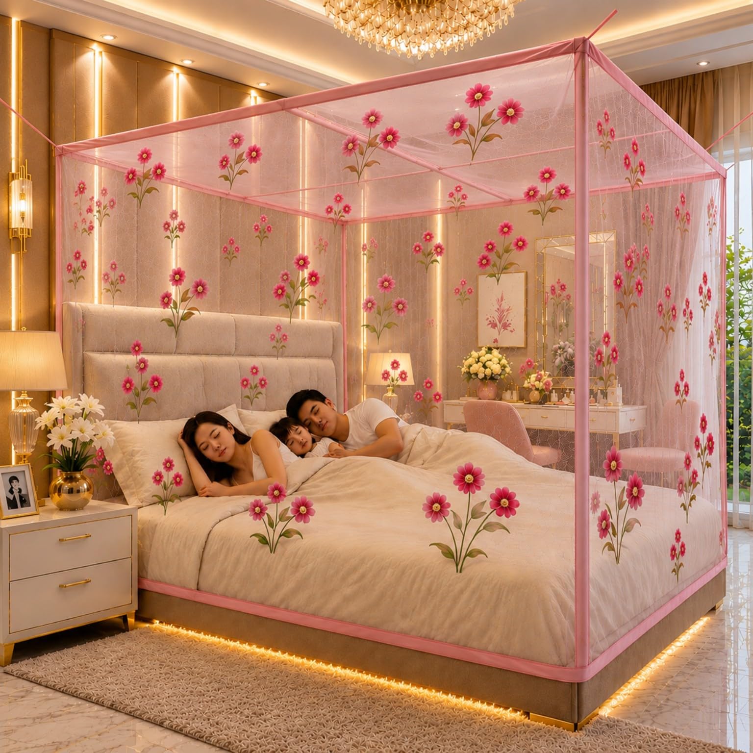 Pink Floral Mosquito Net for Double Bed, Square Canopy | Cotton-Tape Stitching, Hanging Loop Design, Floral Print, Family Size, Long-Lasting Net-picture-36