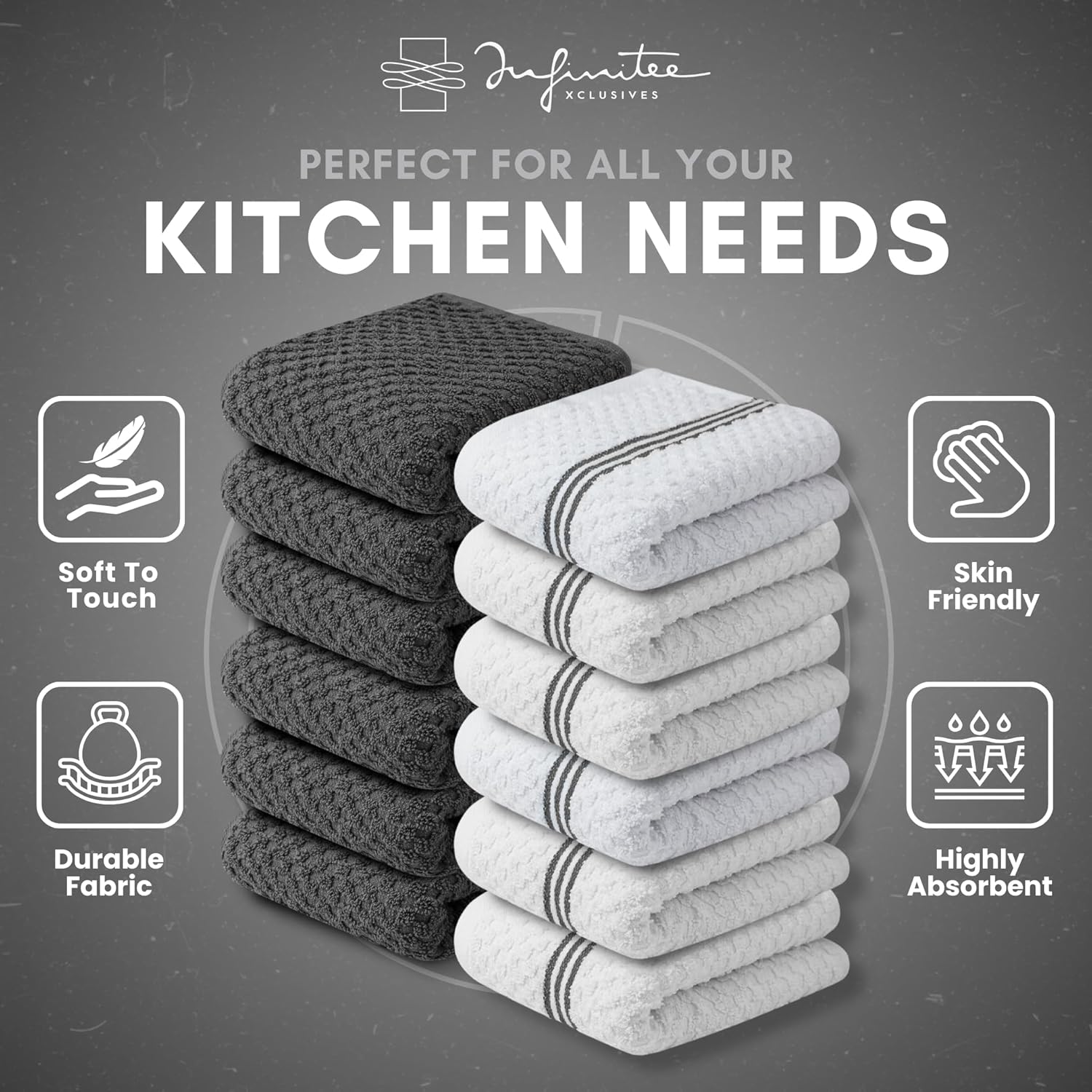 Infinitee Xclusives Premium Kitchen Towels - [Pack of 12] 100% Cotton Kitchen Hand Towels (15 x 25 Inches) - Dish Towels for Kitchen |Grey|