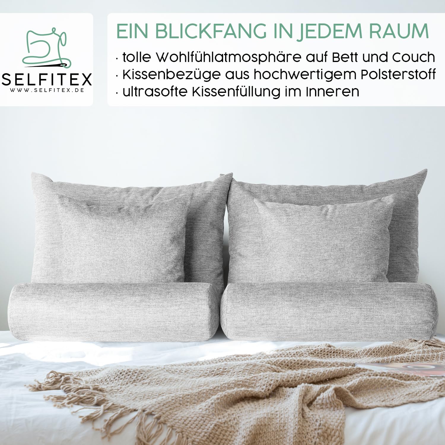 Selfitex Großes 6-teiliges Boxspringbett Kissen Set, 2X 60x80/2x 50x50/2x Nackenrolle 19x65, Sofakissen inkl. weichen Füllkissen, stilvolles Dekokissen Set für Bett und Sofa (Grau)