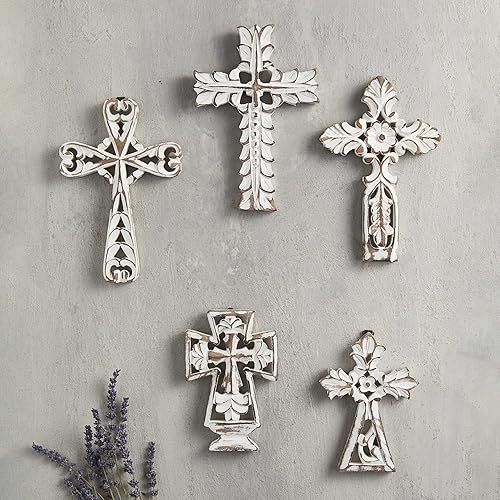 Miniatura 2 de 47th & Main Decoración de pared de cruz de madera tallada encalada, 5.25 pulgadas de ancho x 8 pulgadas de alto, flor
