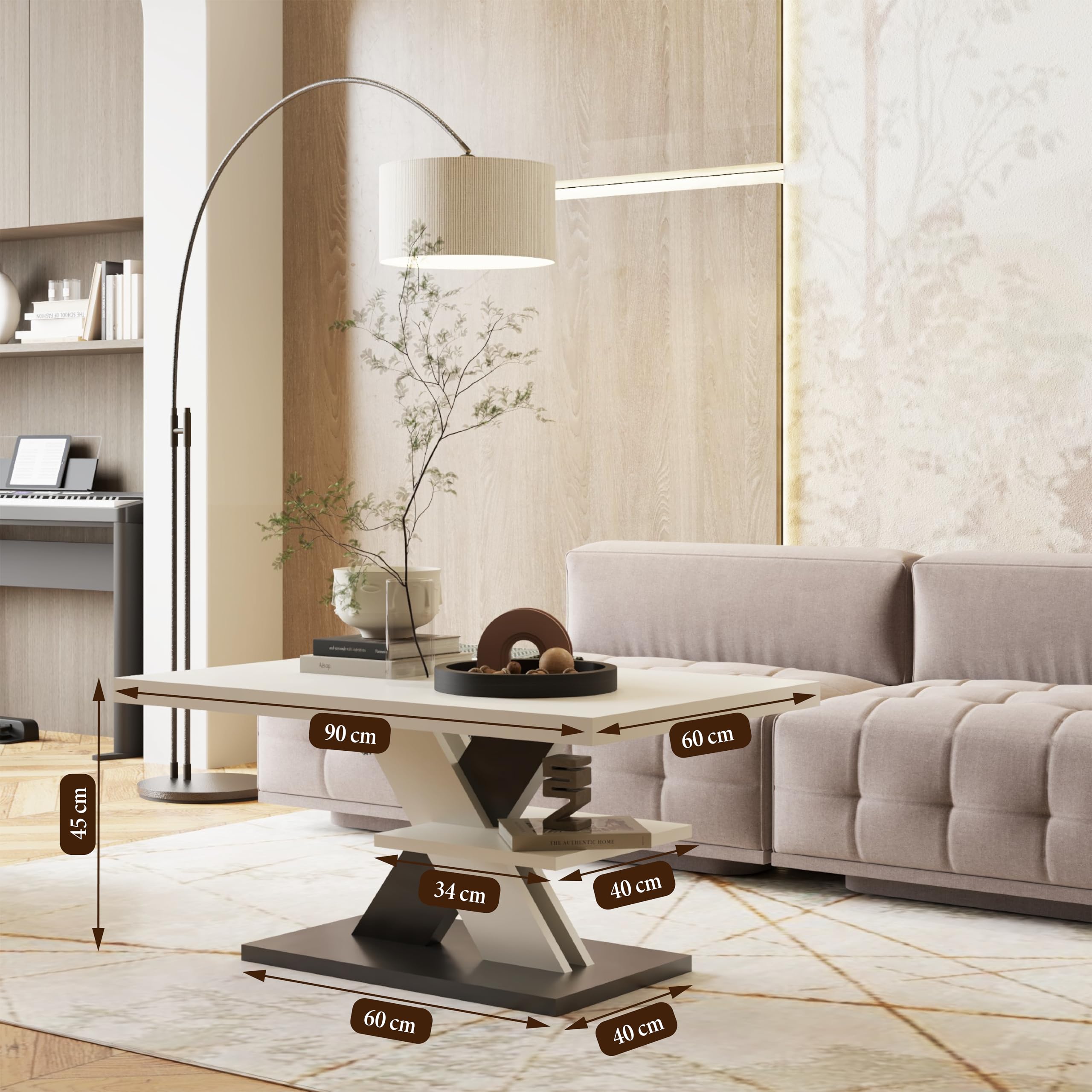 Viosimc Tavolino da Salotto Moderno Bianco e Grigio con Ripiano Tavolo Soggiorno Elegante, Complemento Arredo Contemporaneo 90x60x45 cm