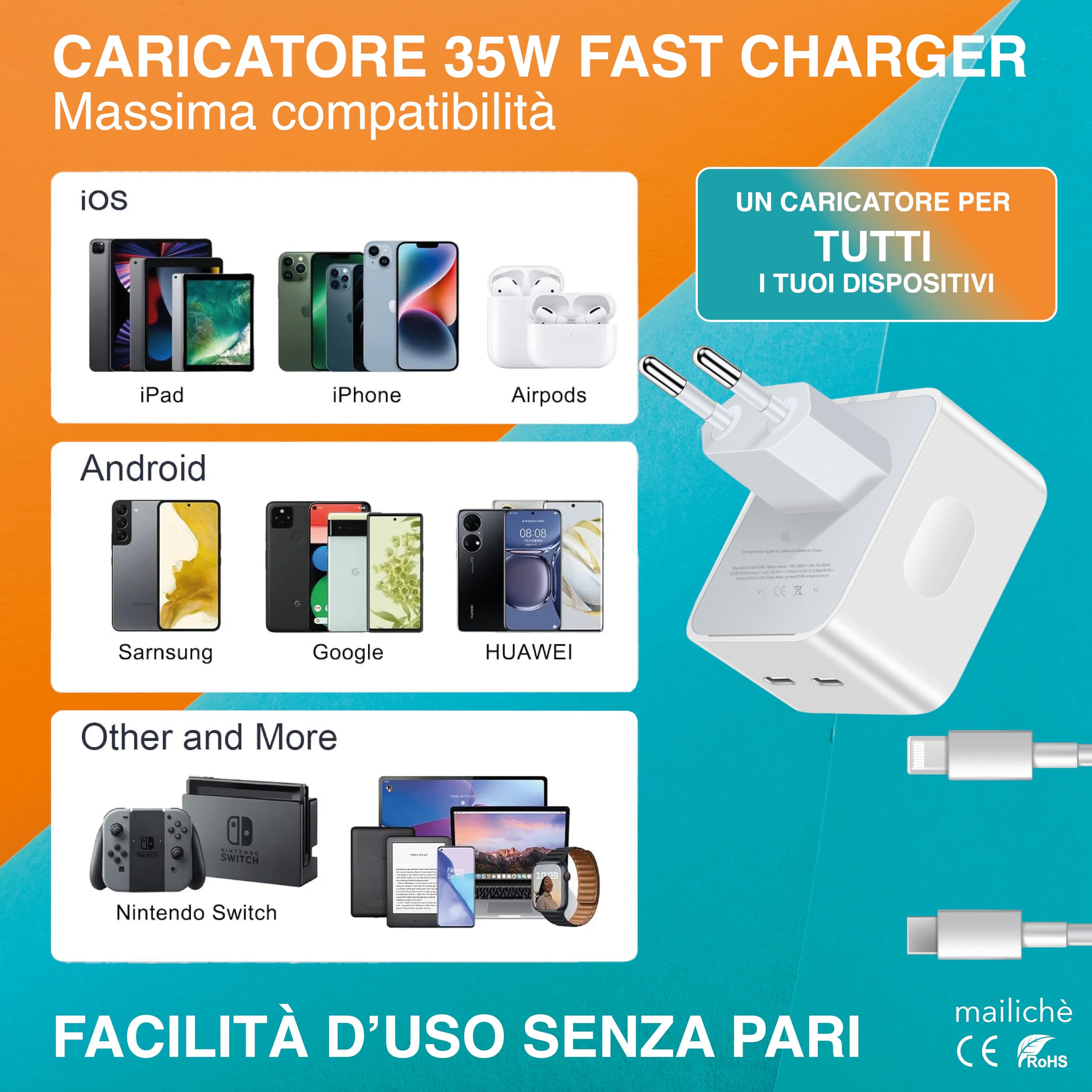 Mailiché Caricatore Iphone Usb C 35 W, Ricarica Rapida, Spina Alimentatore Usb Da Muro, Presa Multipla Usb C Per Apple, Samsung, Ipad, Macbook Air E Dispositivi Usb C, Cavo Lightning Usb C Incluso