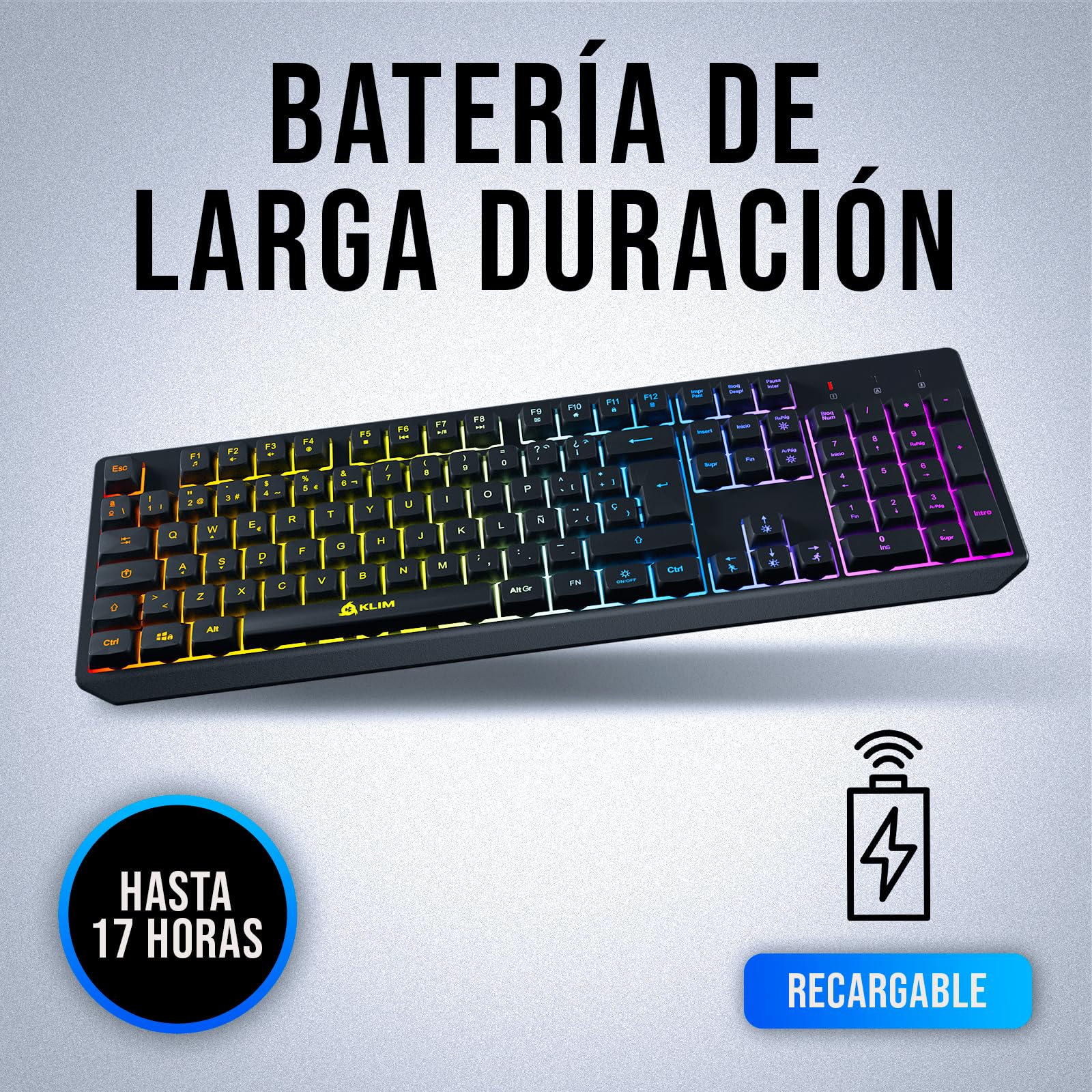 KLIM™ Chroma Spain Tastiera Gamers QWERTY Wireless - Ad alte prestazioni - Tastiera senza fili illuminata Cromatica Gaming Nero RGB PC Windows Mac PS4 Xbox One [ Nuova Versione]