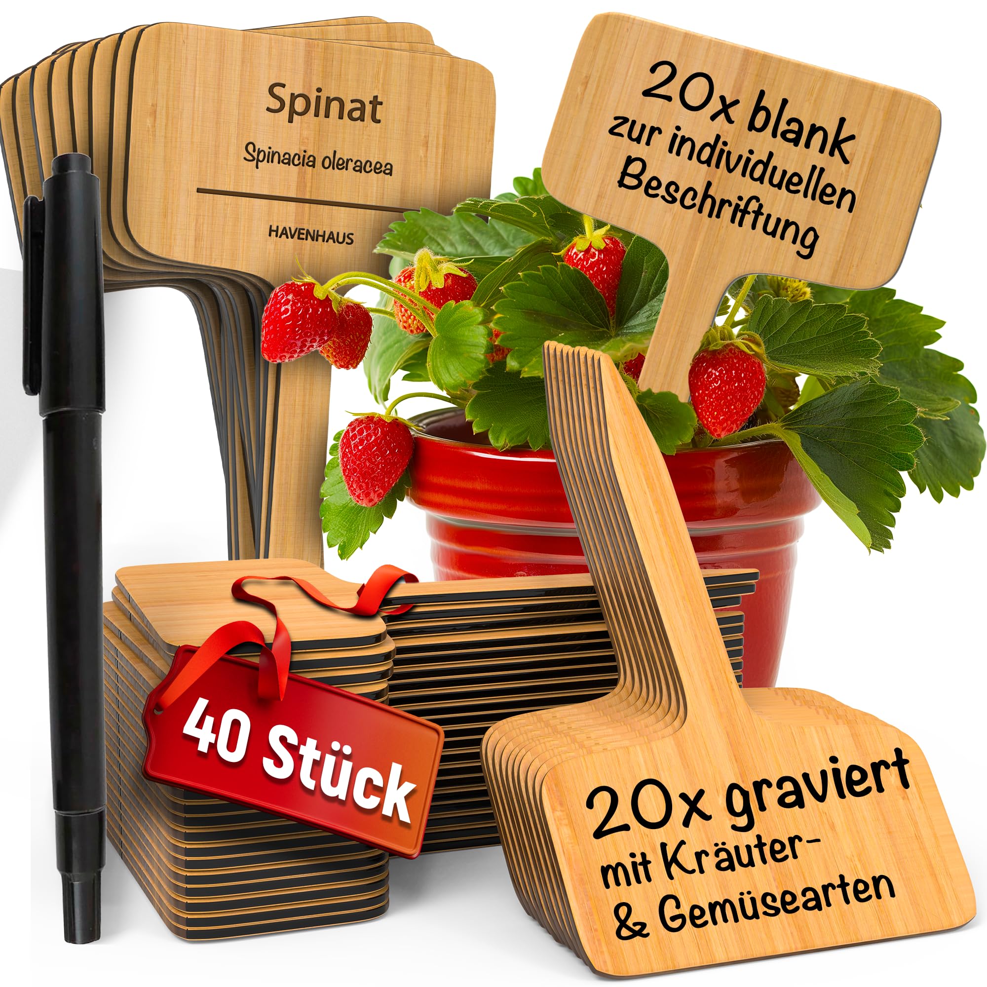 Pflanzenschilder Holz 40 Stk | 20 Pflanzschilder blank zur individuellen Beschriftung & 20 gravierte Schilder mit gängisten Kräuter & Gemüsearten | Kräuterschilder wetterfest | Pflanzenschilder