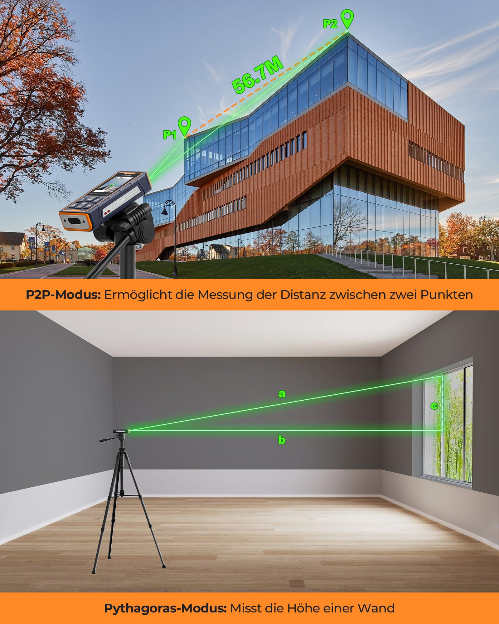 CIGMAN 120 m Laser-Entfernungsmesser mit Kamera & 4-Fach Zoom CD-120G | Mit Kamera und 4-fach Zoom für präzise Außenmessungen, LCD-Display, IP65,16 Messfunktionen,für Bau,Vermessung und Renovierung