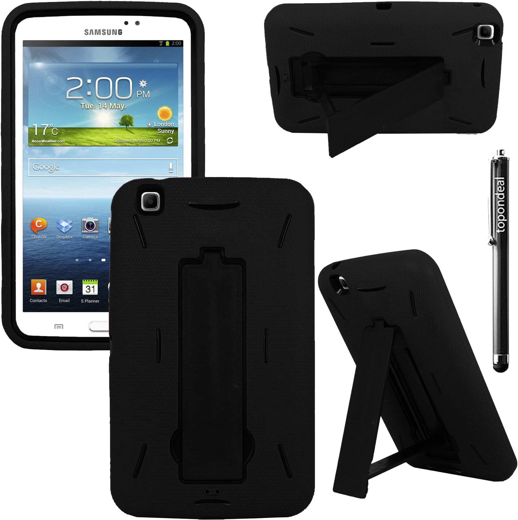 TopOnDeal Hybrid Heavy Duty Rugged Shell Protective Case Cover with Built in Kickstand For Samsung Galaxy Tab 3 T310 8" 8.0 Tablet+Stylus Touch Pen (Black and Black)