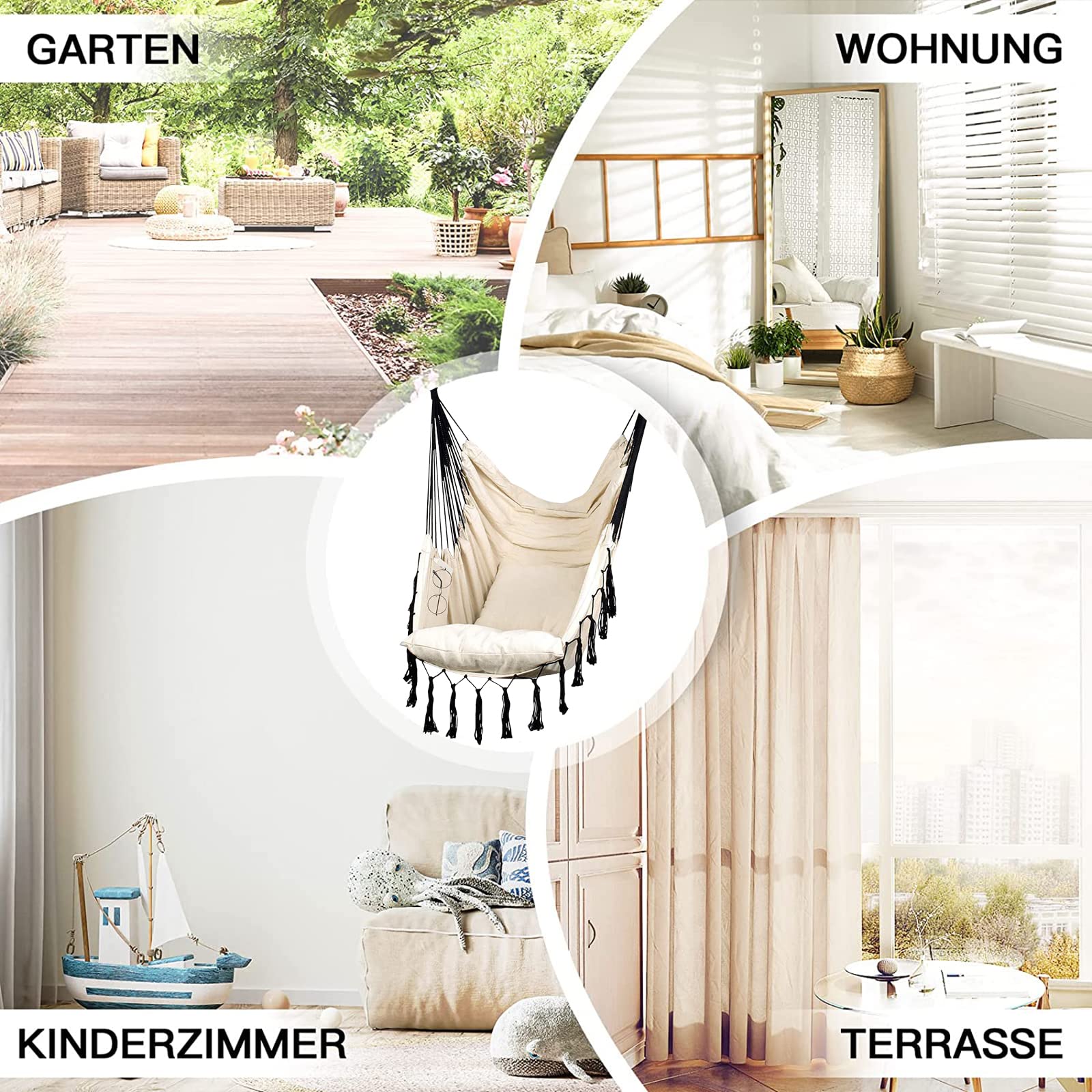 Hamaca colgante para interiores y exteriores, opción cómoda y elegante con 2 cojines, capacidad máxima de 120 kg, ideal para patio, dormitorio, porche, silla colgante de cuerda