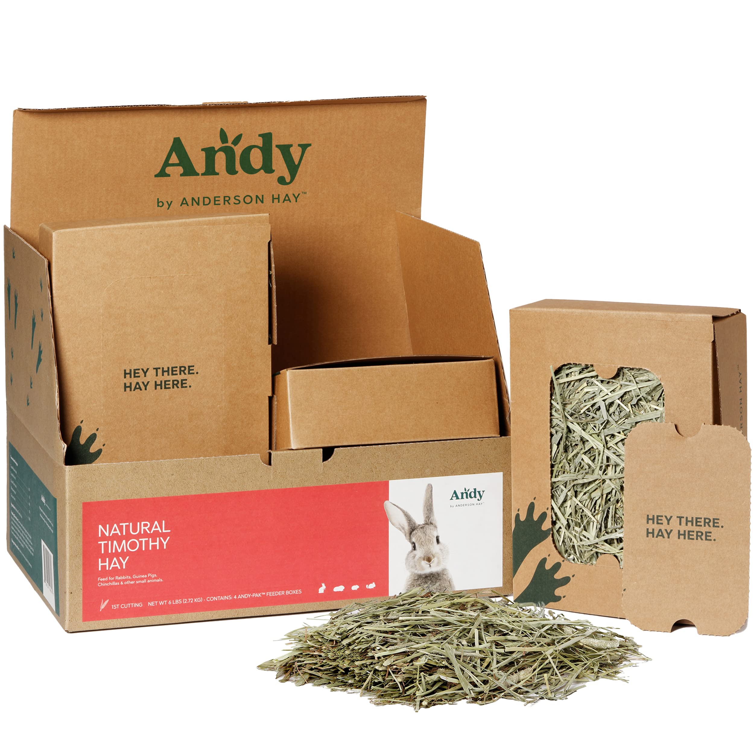 Andy 1st Cut Timothy Hay Andy-Pak Feeder Boxes, 4 Pack 1.5 Lb Boxes, Premium Rabbit Food Hay for Rabbits, Chinchillas, and Guinea Pigs