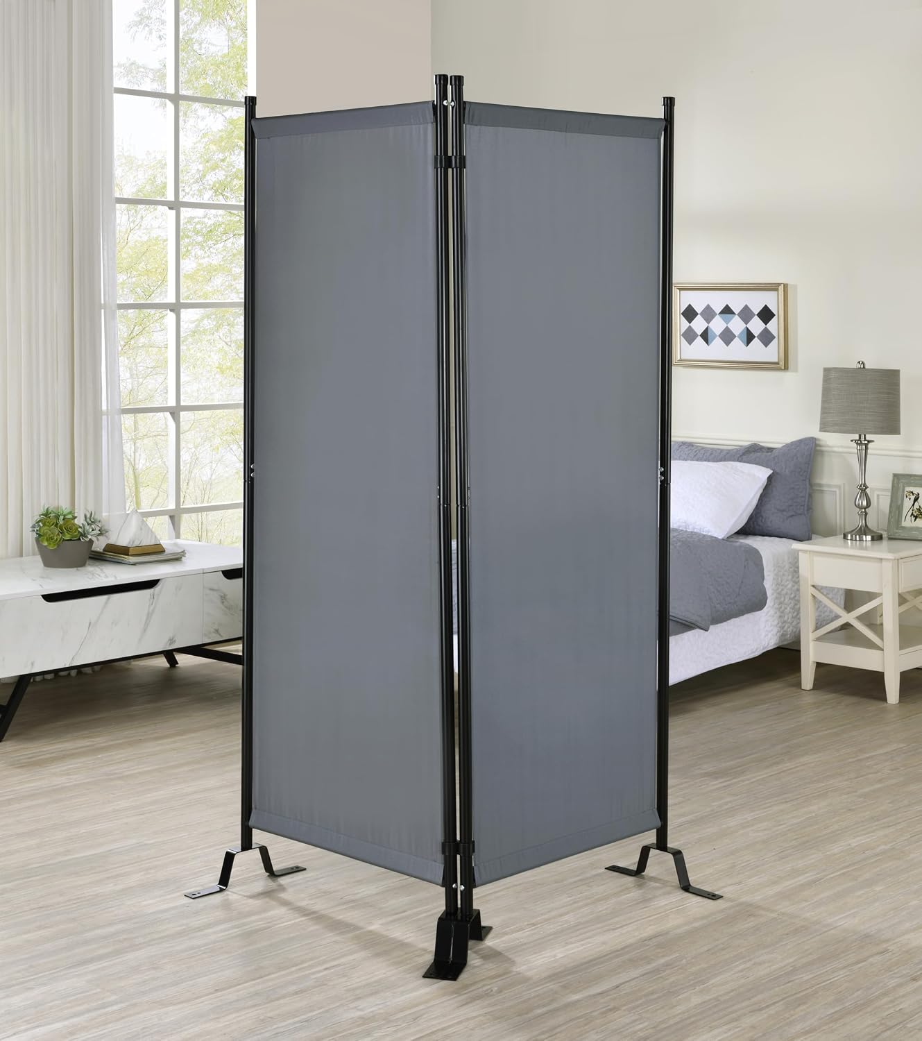 Proman Products - Galaxy II Section Divider, Water Repellent Fabric Room Divider with Black Powder Coated Metal Frame for Indoors or Outdoors, Small 50.25” Width (Grey)