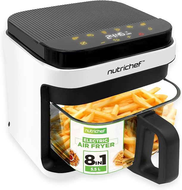 Nutrichef air fryer 5.8 Quart | 8 preset cooking modes | Clear frying bowl for best cooking results | Cook shrimp, steak, fries, wings, chicken and more | Precise temperature and time control | White