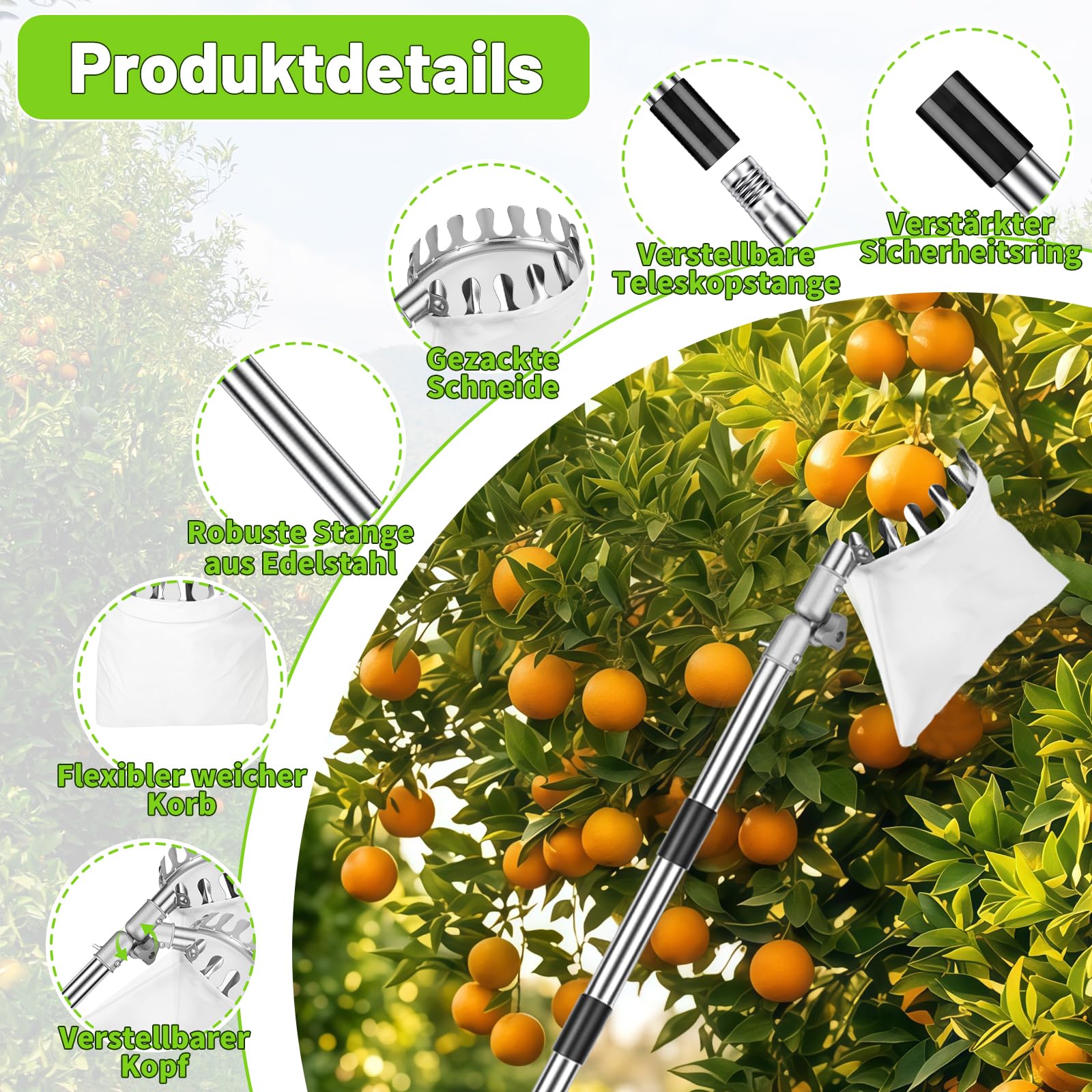 4M Teleskop Obstpflücker - Verstellbarer Apfelpflücker für Kirschen 360° Drehung Kirschenpflücker mit Teleskopstiel Leicht Robust für Hohe Äste mit Aufbewahrungstasche Werkzeug Diameter 16cm