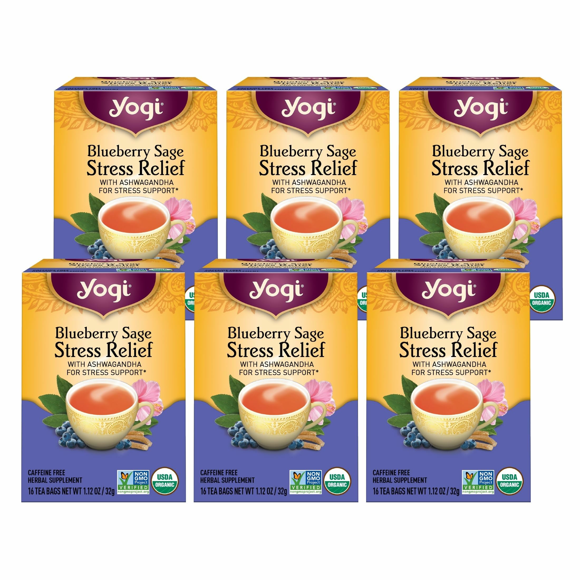 Yogi Tea Blueberry Sage Stress Relief - 16 Tea Bags per Pack (6 Packs) - Relaxing, Calming Tea to Support Stress Response - Includes Ashwagandha,