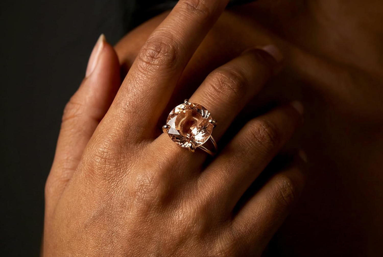 Handmade Gold Morganite Cocktail Ring - December Birthstone - Double Band Statement Jewelry